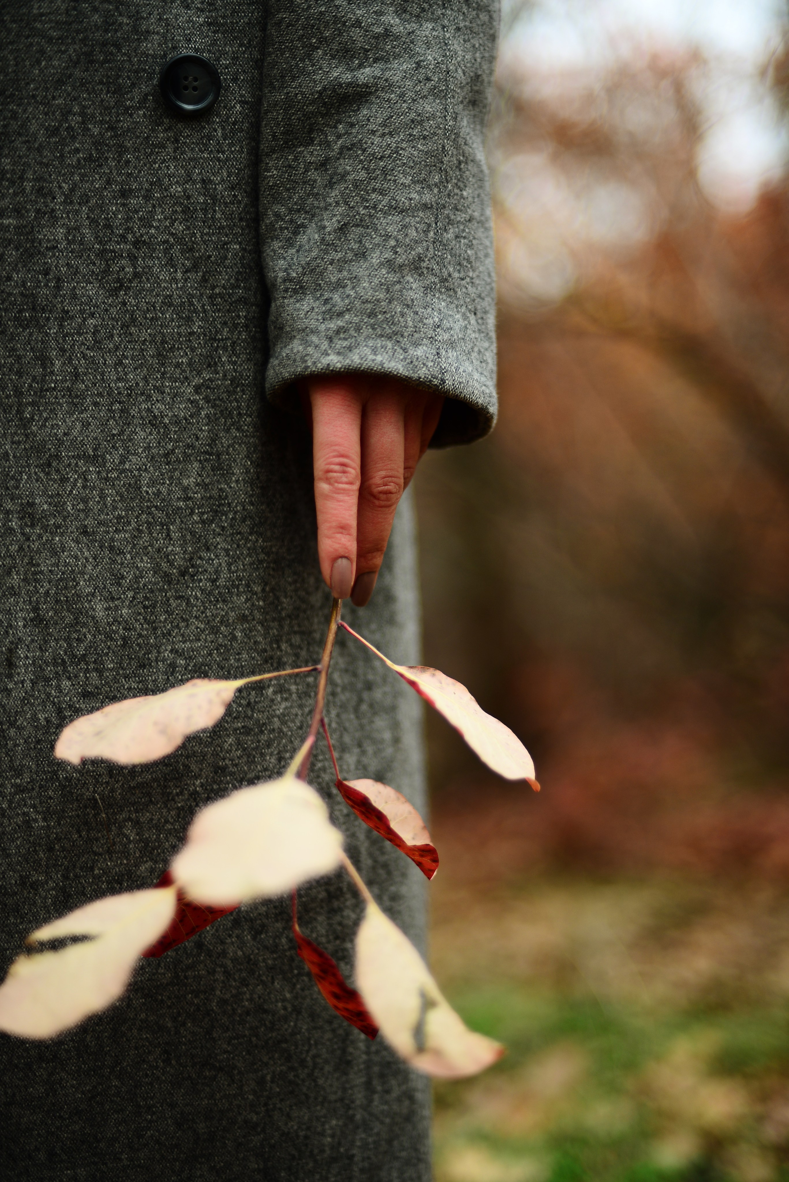 Девушка в красном платье и сером пальто гуляет по осеннему лесу. Вокруг туман и красная листва.