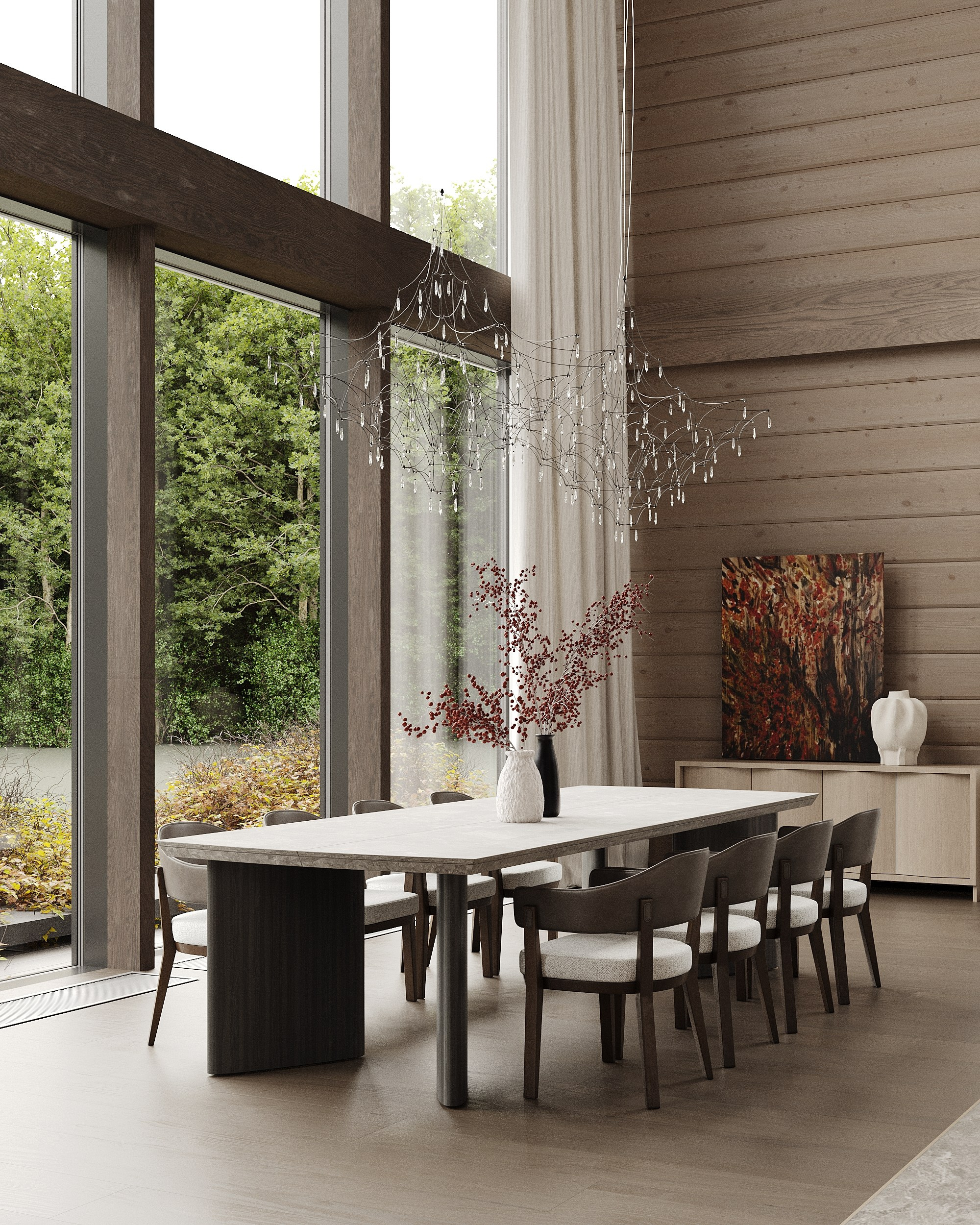 Дизайн интерьера дома из бруса с камином в центре дома.