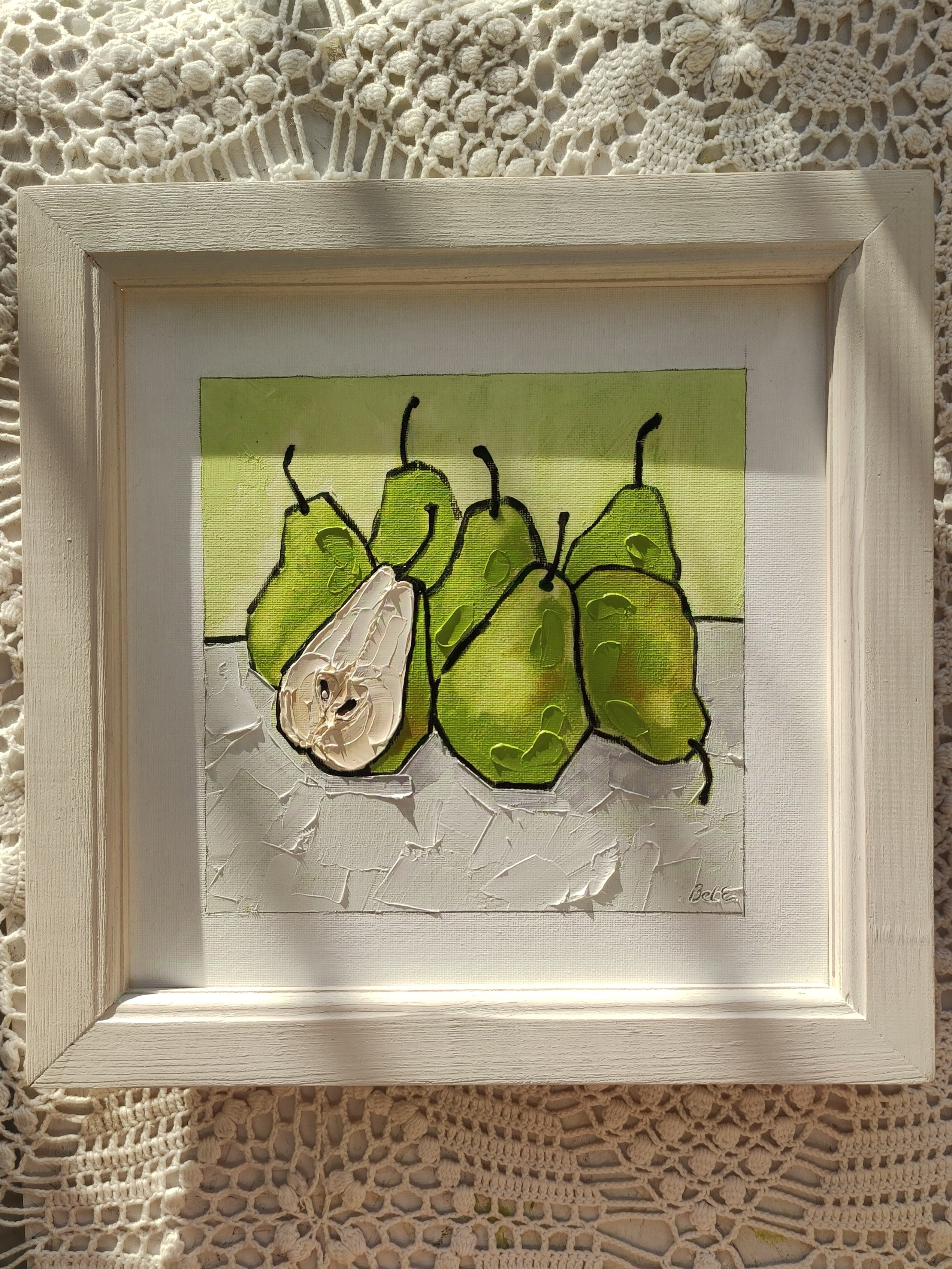 «Зеленые груши», масло, холст на картоне, 25×25 см. Галерея картин художницы Бельмесовой Евгении