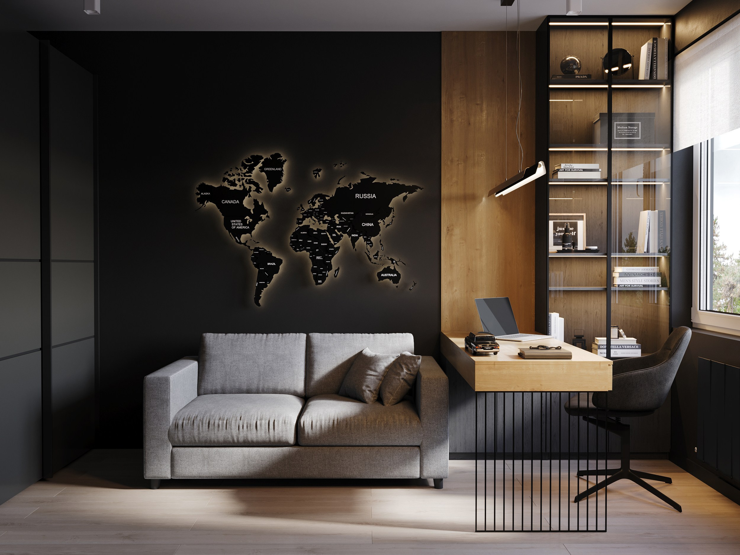 3д визуализация интерьера кабинета со стильным темным дизайном в частном доме