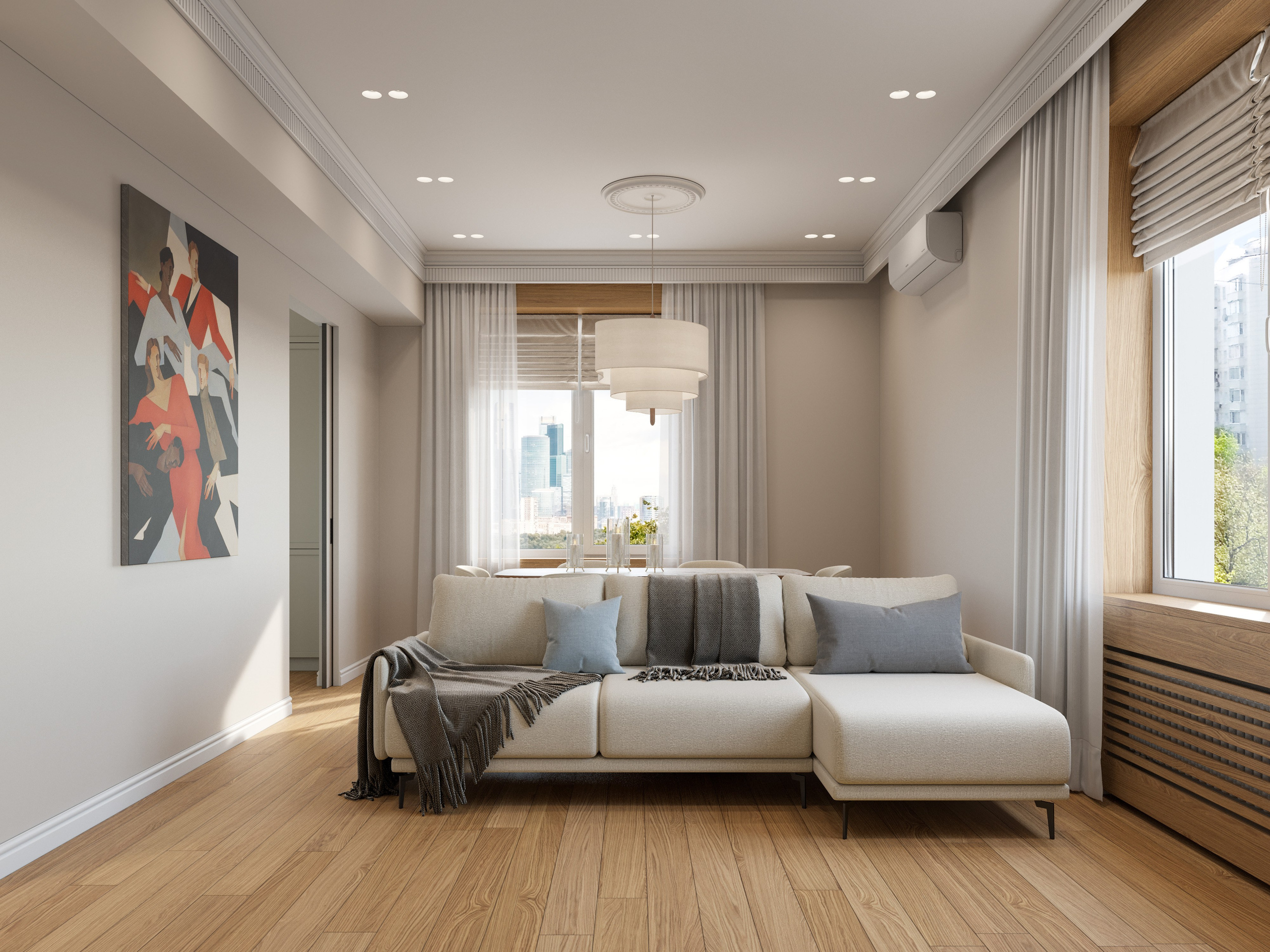 3D визуализация просторной квартиры в спокойных тонах с минималистичной мебелью