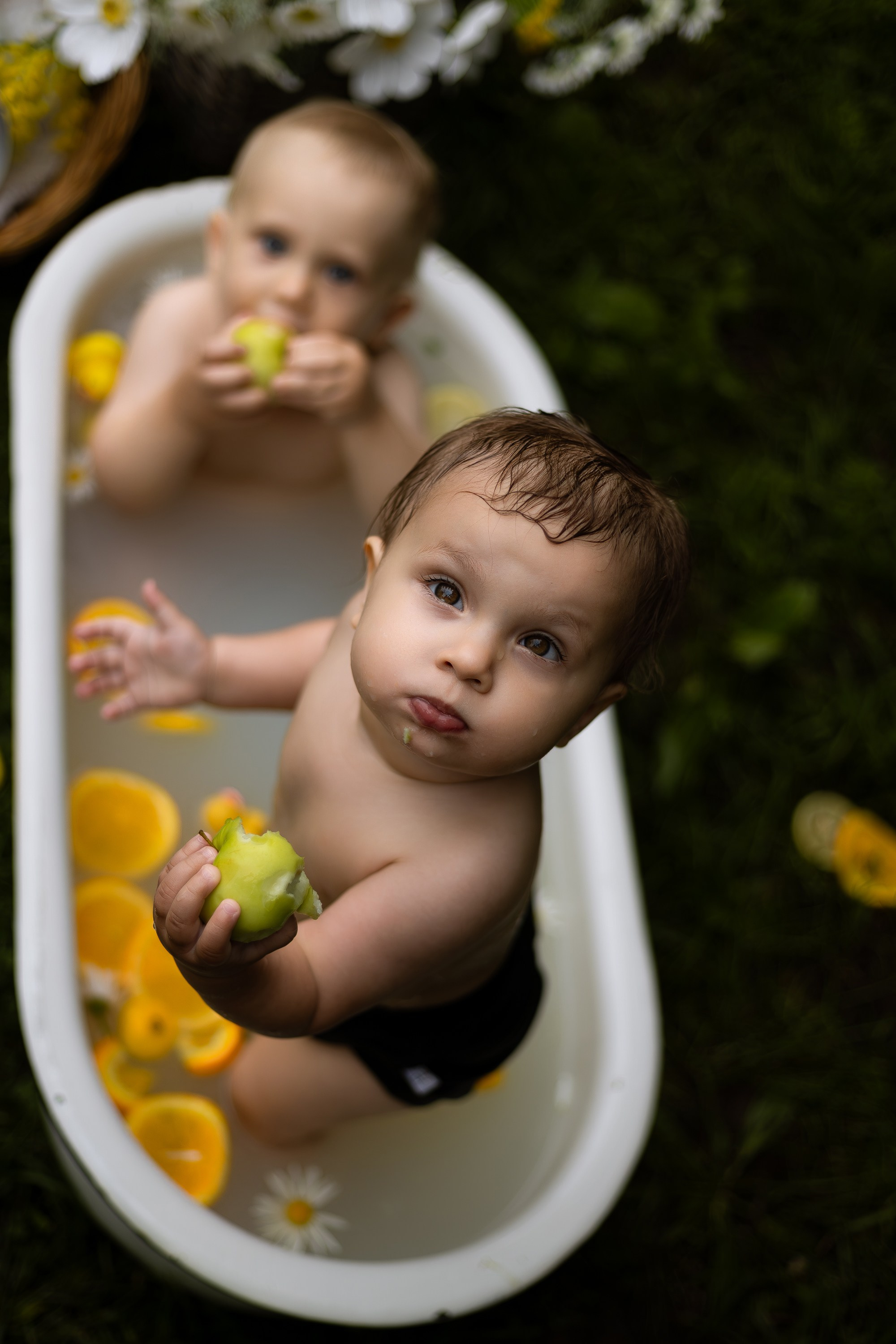 детская фотосессия в ванночке девочка и мальчик, ванна с молоком, ванна с уточками, ванна с цитрусами, ванна с ромашками