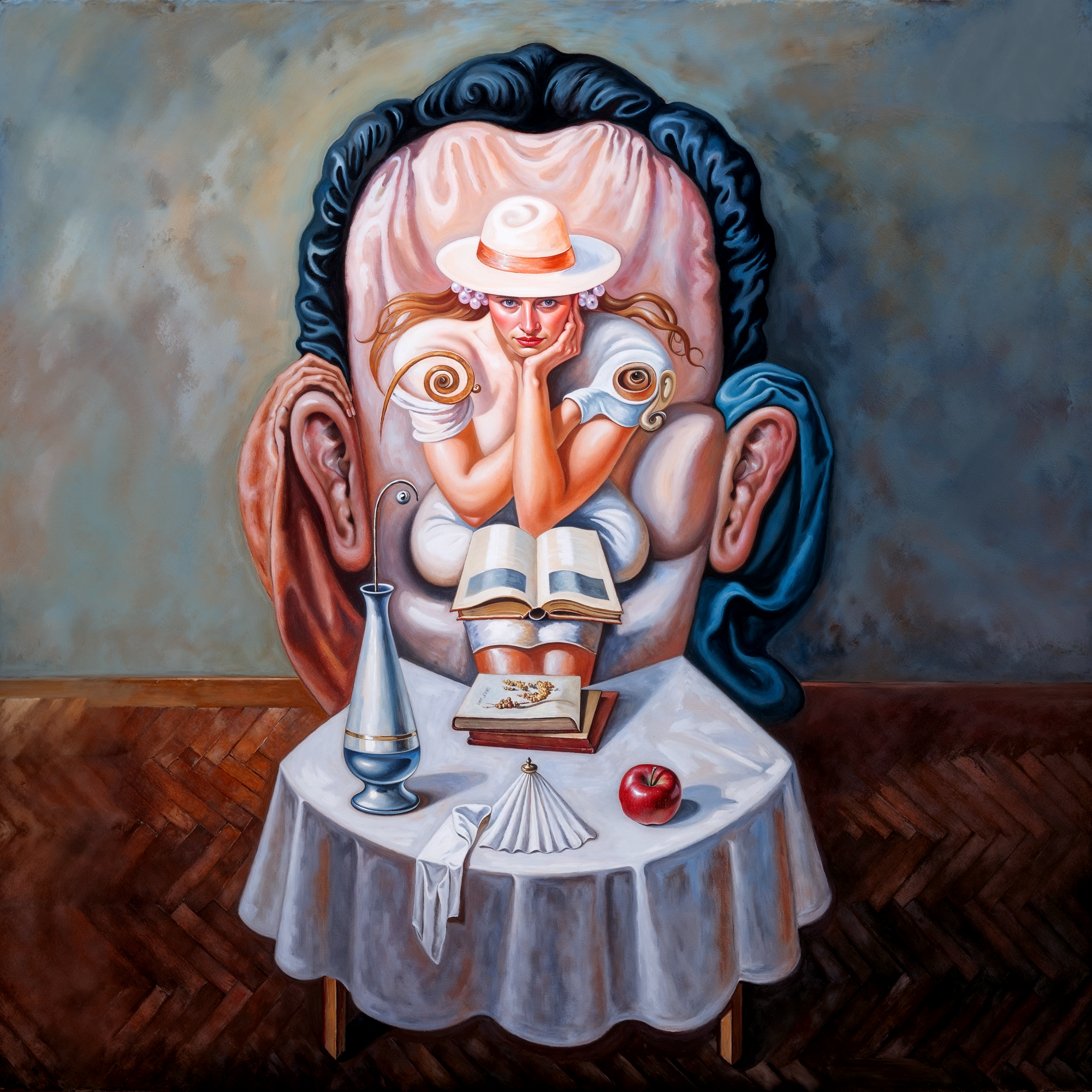 Девушка с книгой, окружённая предметами, которые складываются в мужское лицо с усами. Иллюзия на основе работ Олега Шупляка, объединяющая портрет и натюрморт.