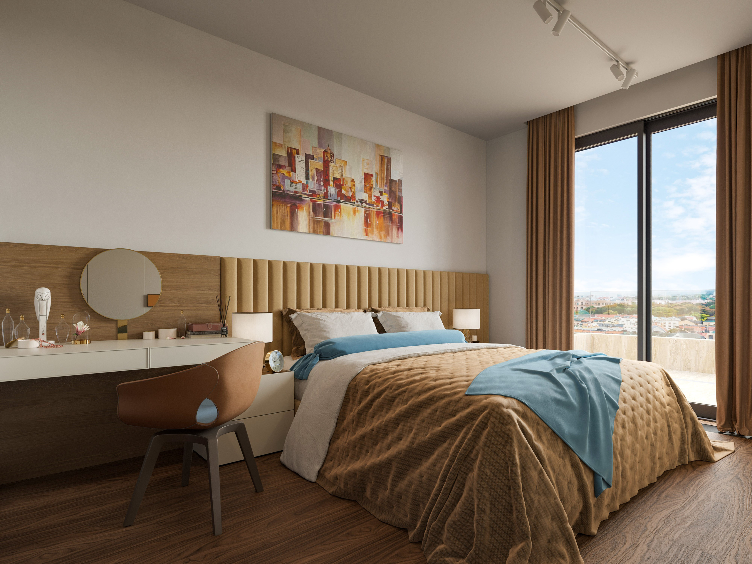 Спальня в Белграде с синим пледом и туалетным столиком