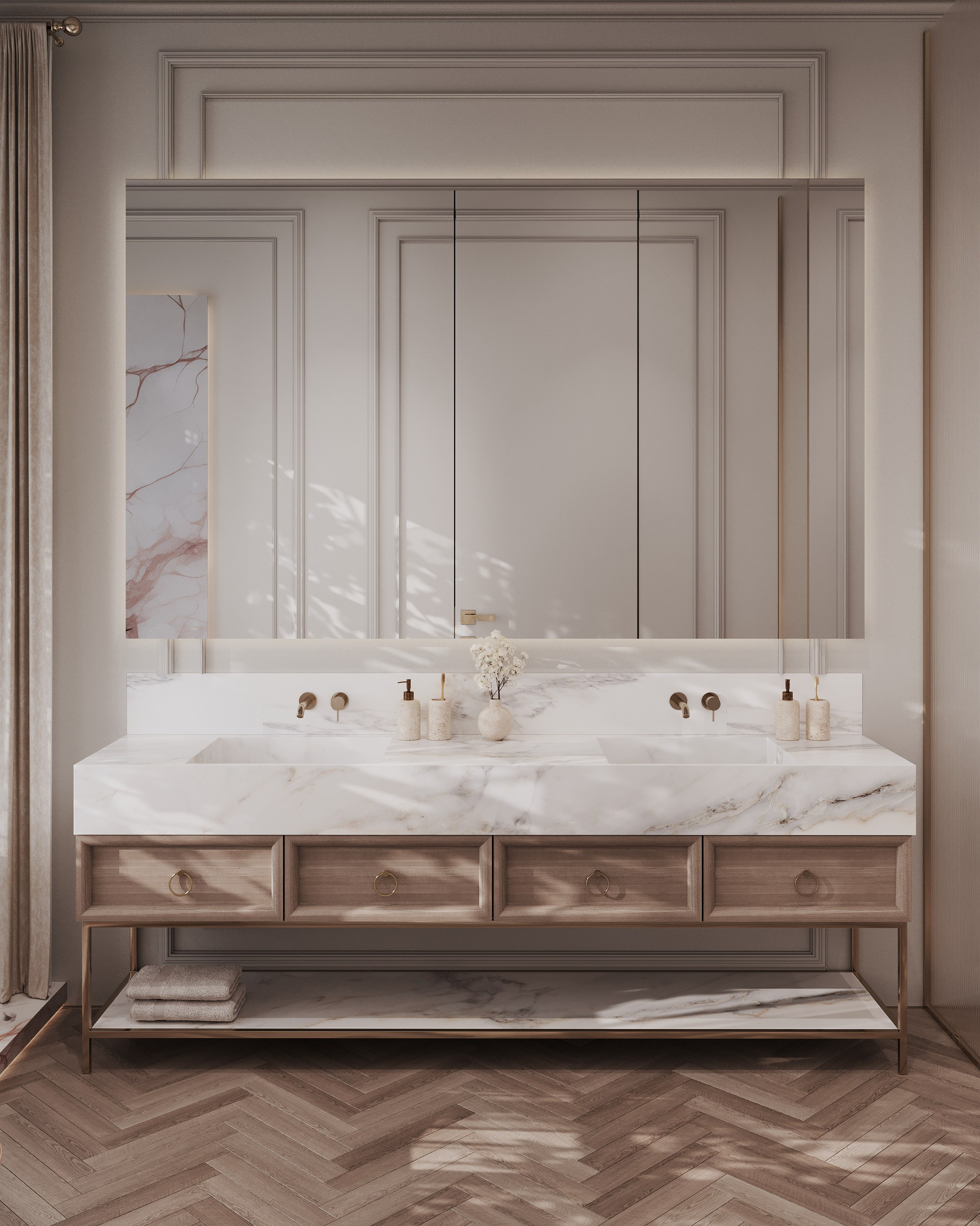 визуализация ванной  парижской квартиры современная классика  минималистичном современном  стиле