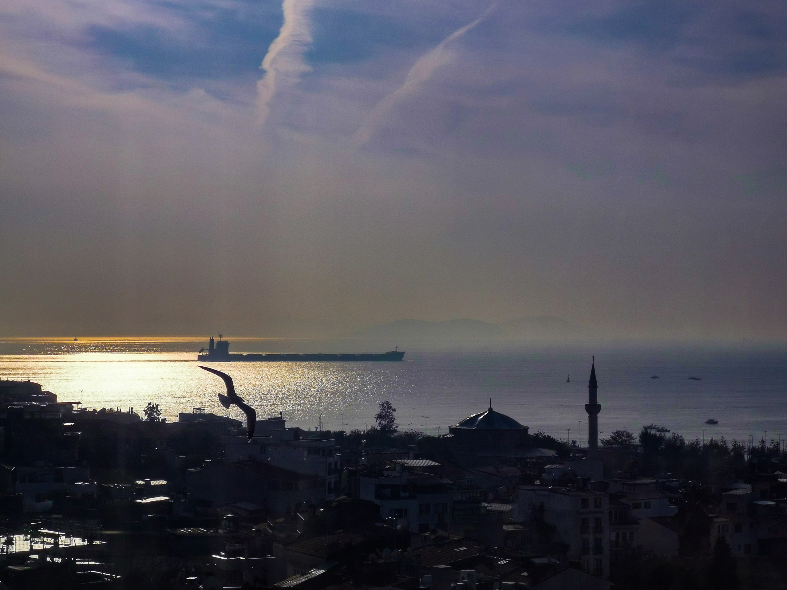 Вид из окна отеля на море с танкером, чайки над морем, Достопримечательности Стамбула