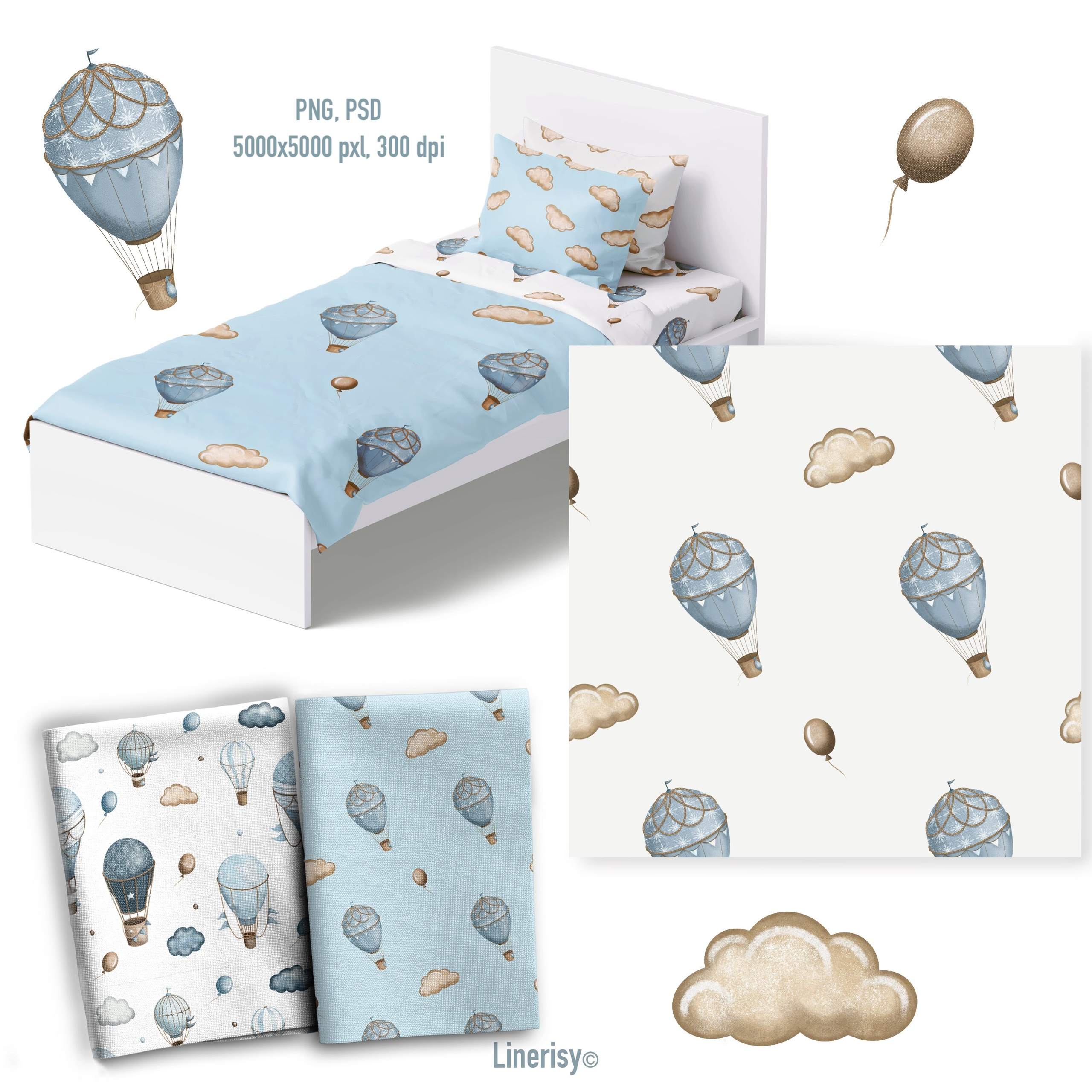 Набор бесшовных паттернов «Зайка на воздушном шаре». Художник-иллюстратор Евгения Бекренёва