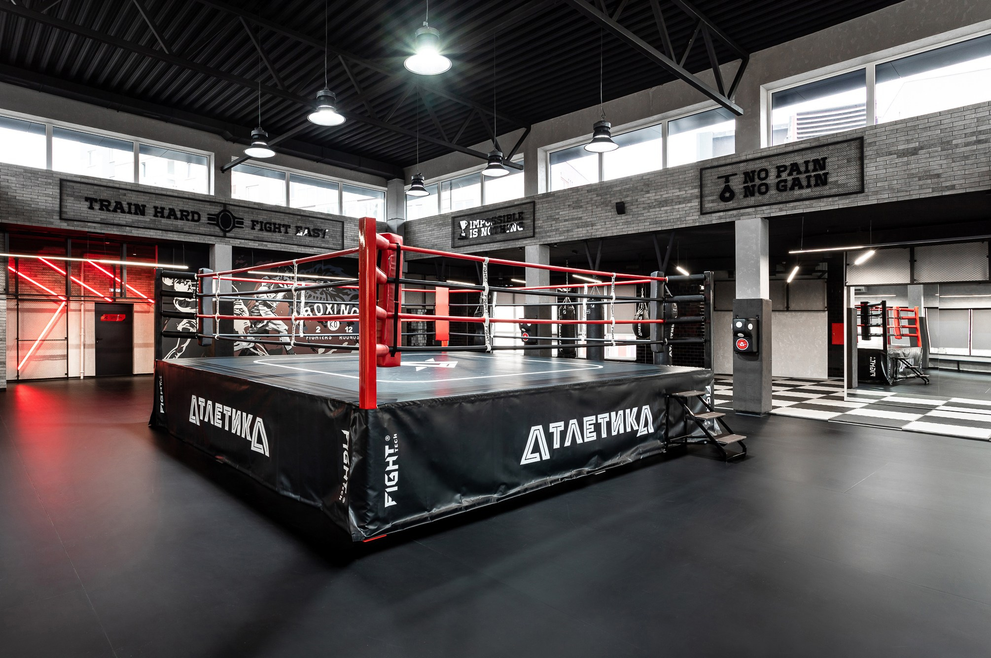 Квадратный ринг с канатами посредине спортивного зала.