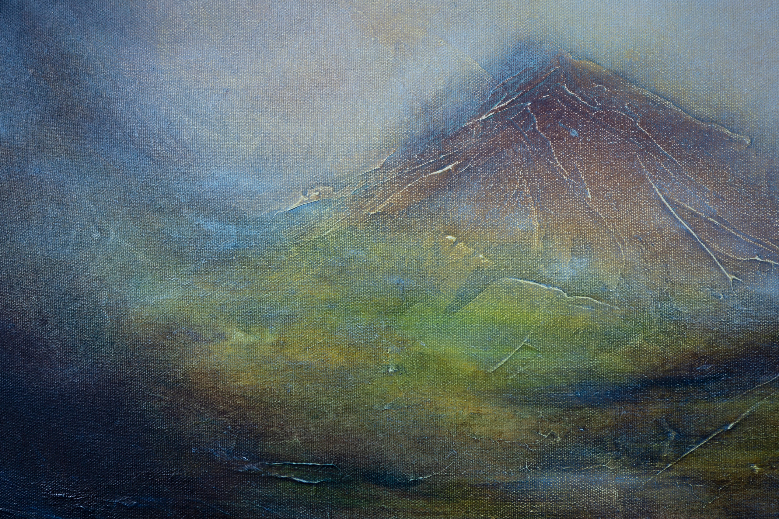Oil painting depicting the Scottish highlands with misty foreground. Pavel Korshun — Contemporary painter. Original abstract painting