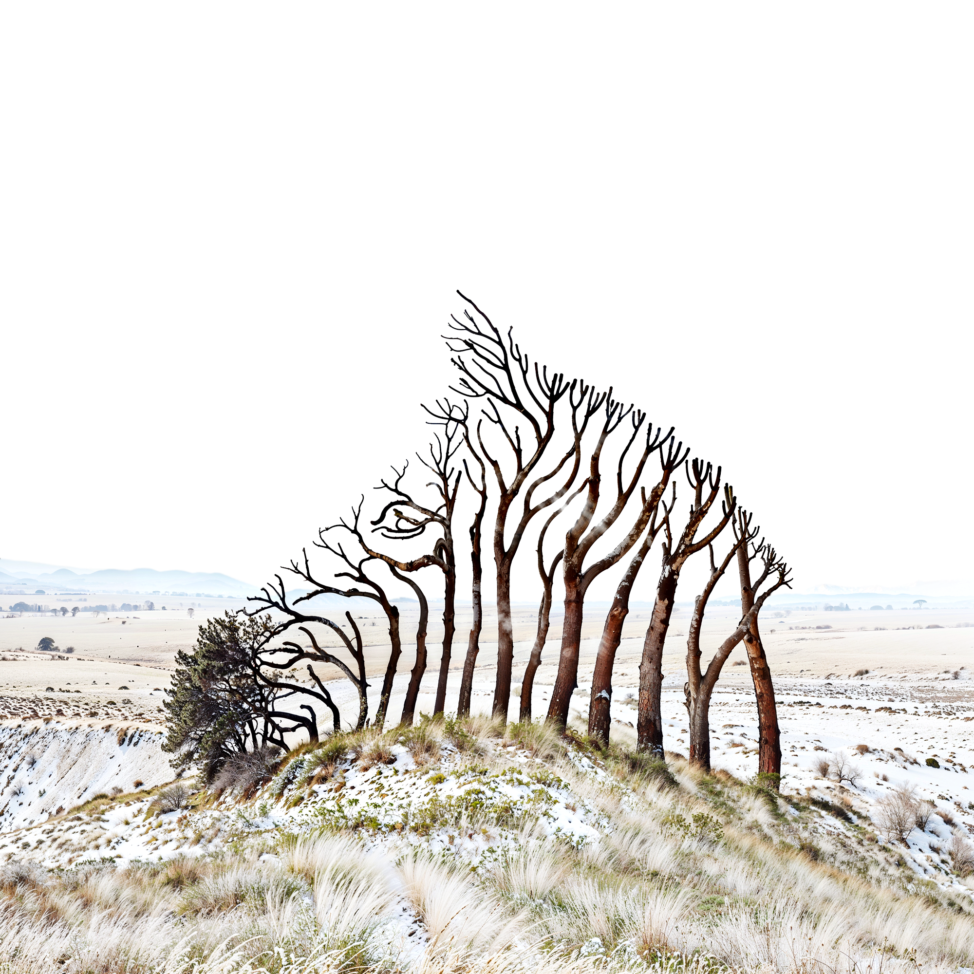 Картина "Зебра на ветру" — изогнутые деревья на фоне снежной равнины, образующие абстрактный силуэт зебры, арт в стиле двойных образов Olegorizm.