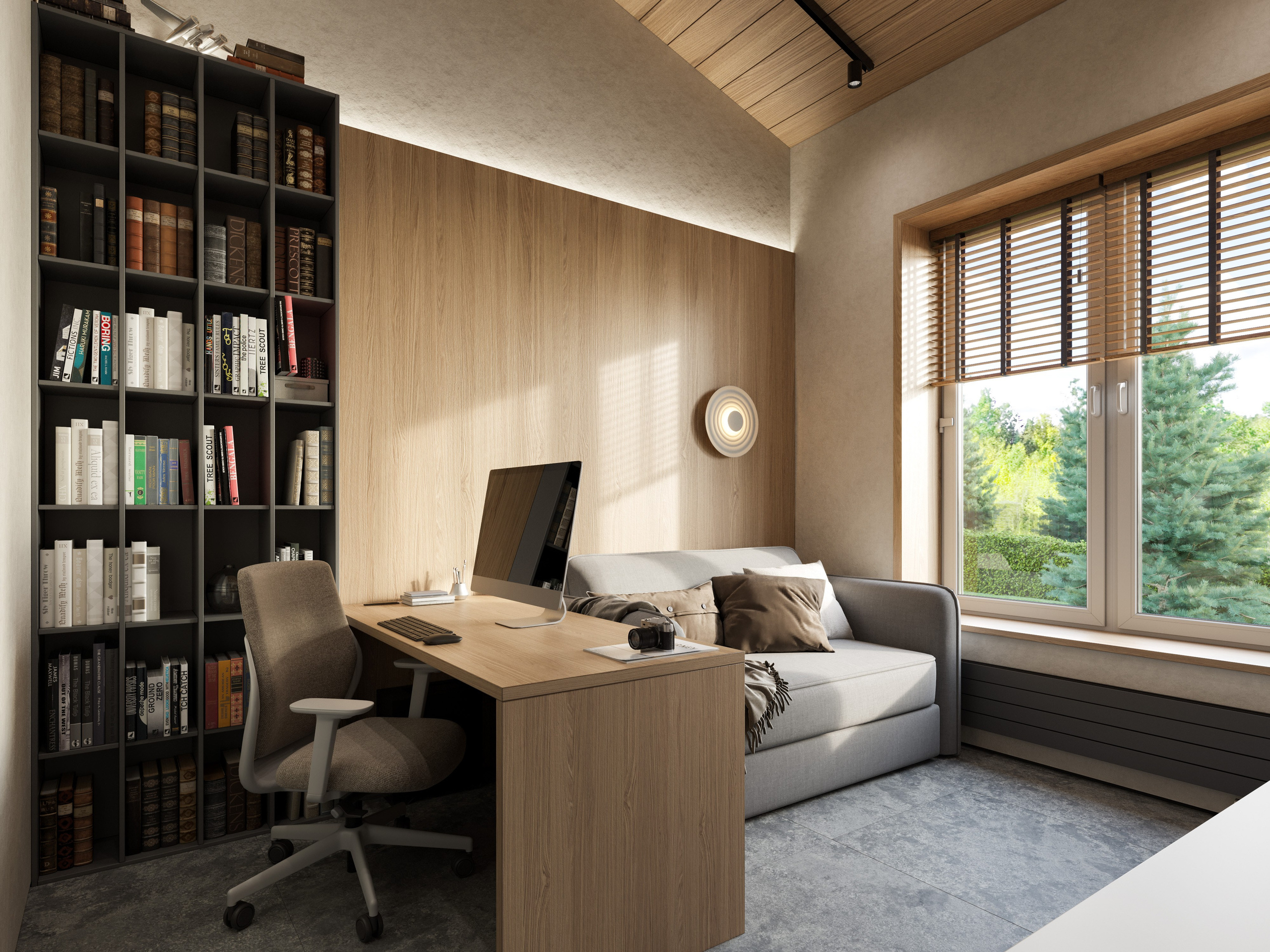 Система хранения с скрытыми полками в кабинете одноэтажного дома