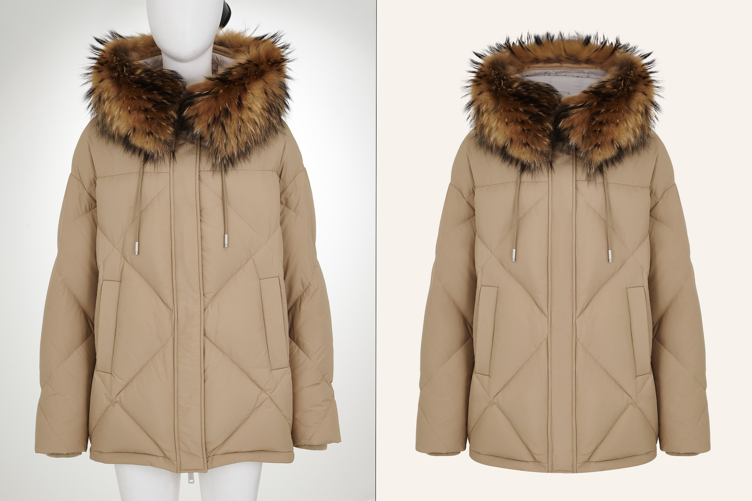 Сложная ретушь меха на куртке и замена фона.