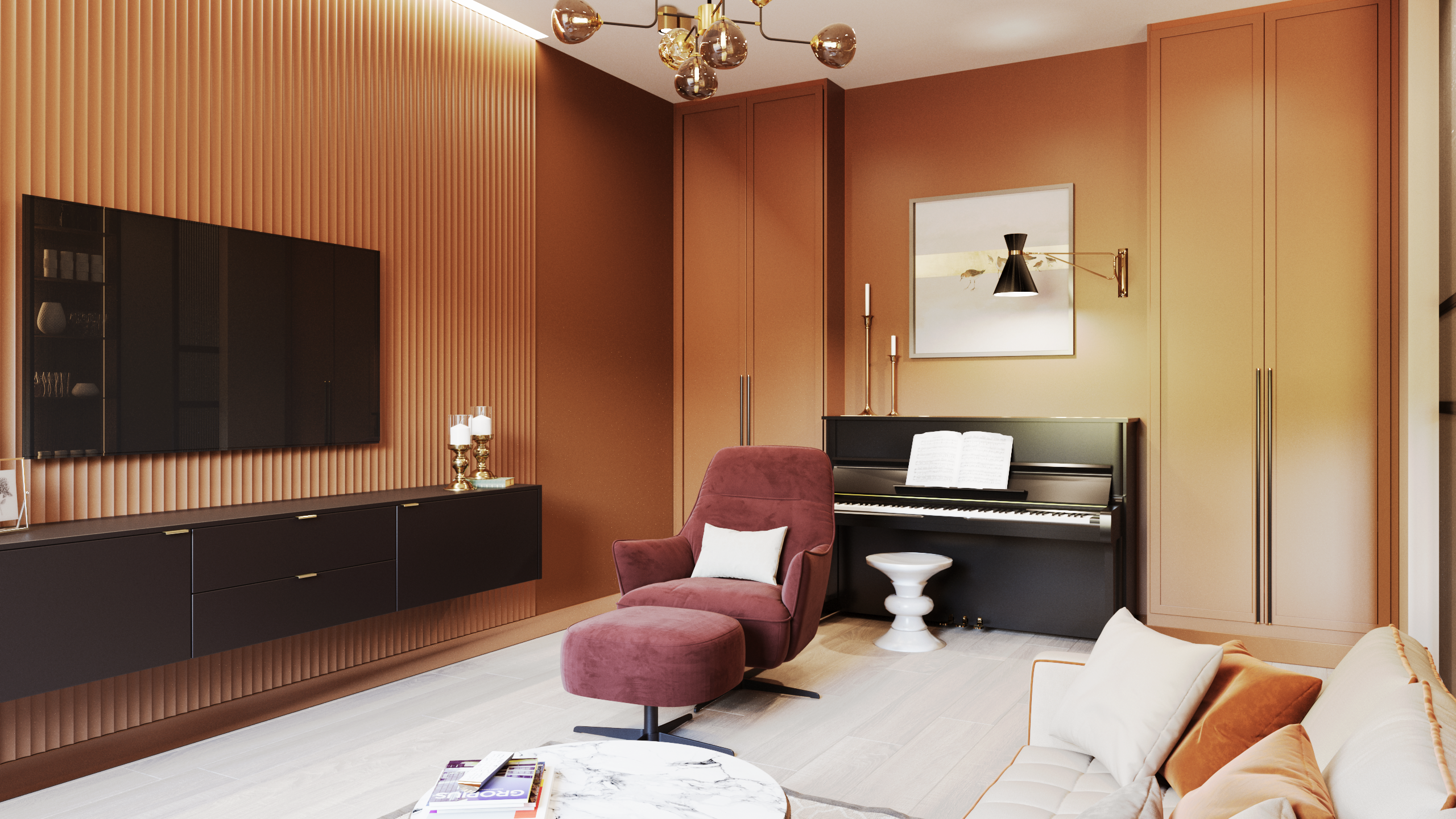 Терракотовый интерьер в Красноярске. Интерьерный дизайнер и художник. Локация в г. Екатеринбурге беру проекты в разных странах