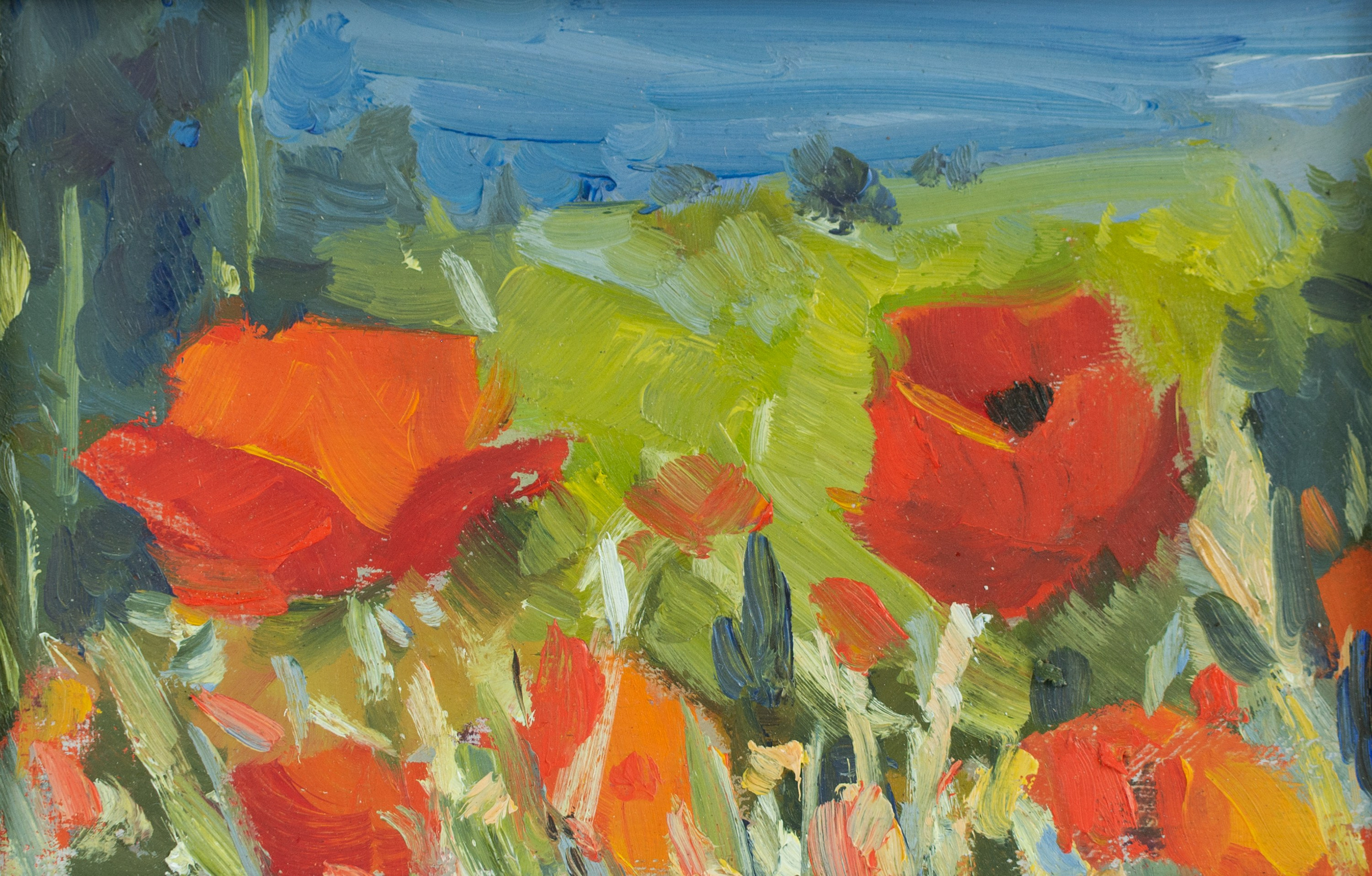 "Маки и море" картон, масло 10.5х17.5см, 2025