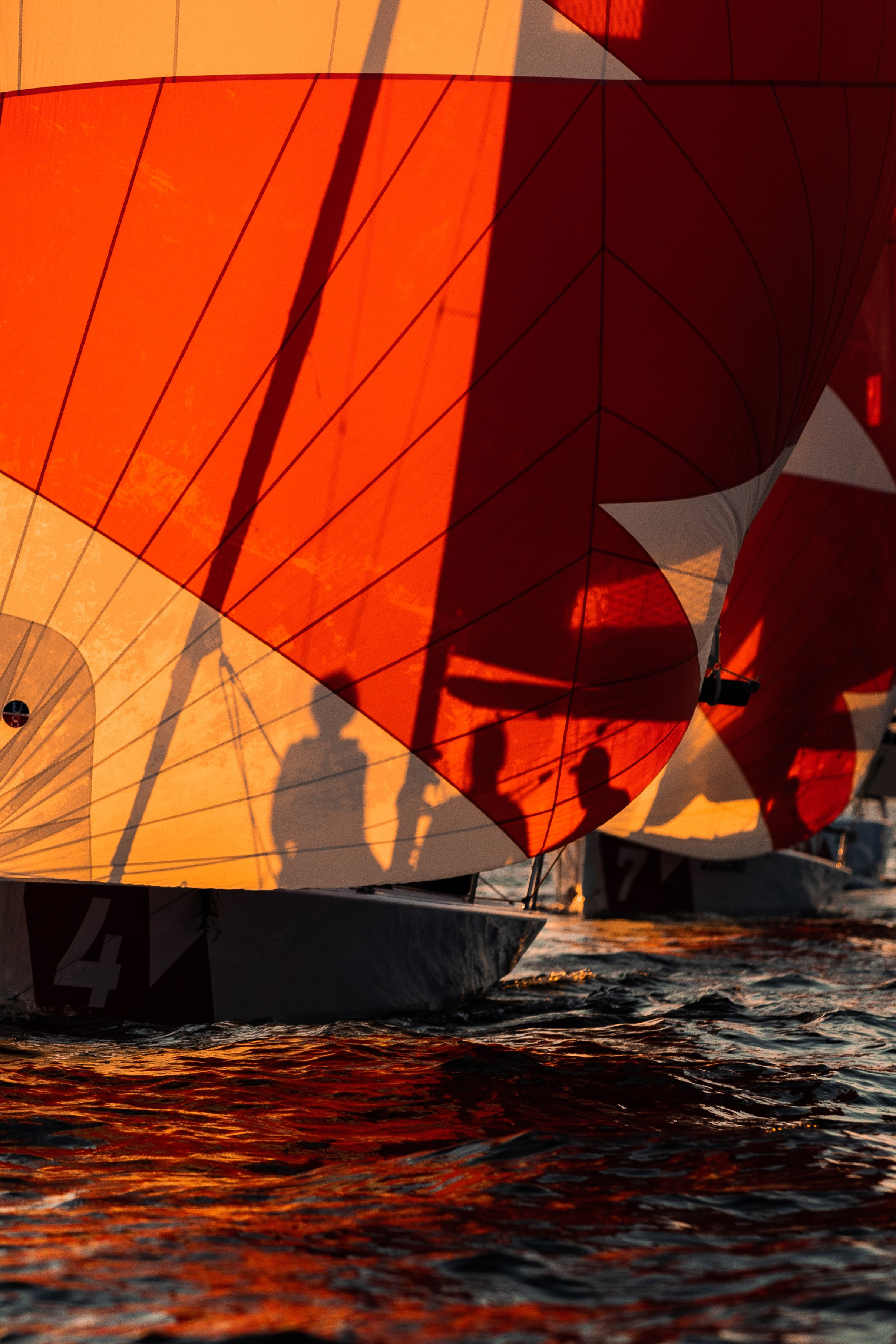 Тени яхтсменов на парусах во время регаты на закате.