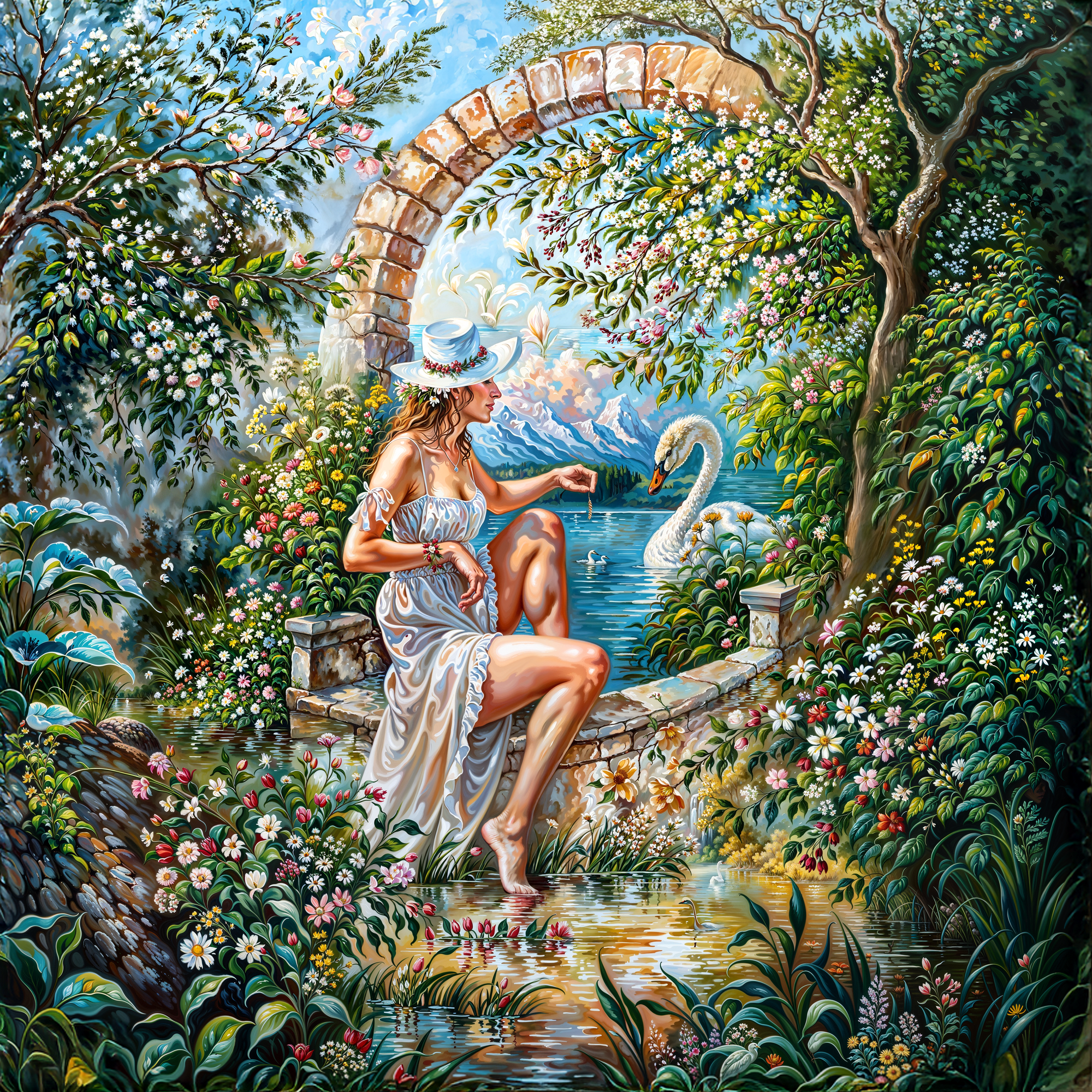 Женщина в белом платье у воды в окружении цветов, рядом с ней лебедь, иллюзорно формирующий лицо старца