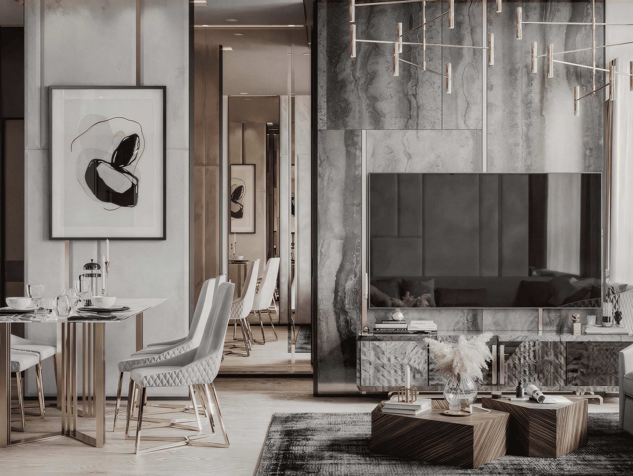 Премиальный дизайн гостиной от Валерии Котович: ТВ-зона с отделкой из серого камня, зеркальные стены, обеденная группа со светлыми стульями на латунных ножках и современные деревянные столики.