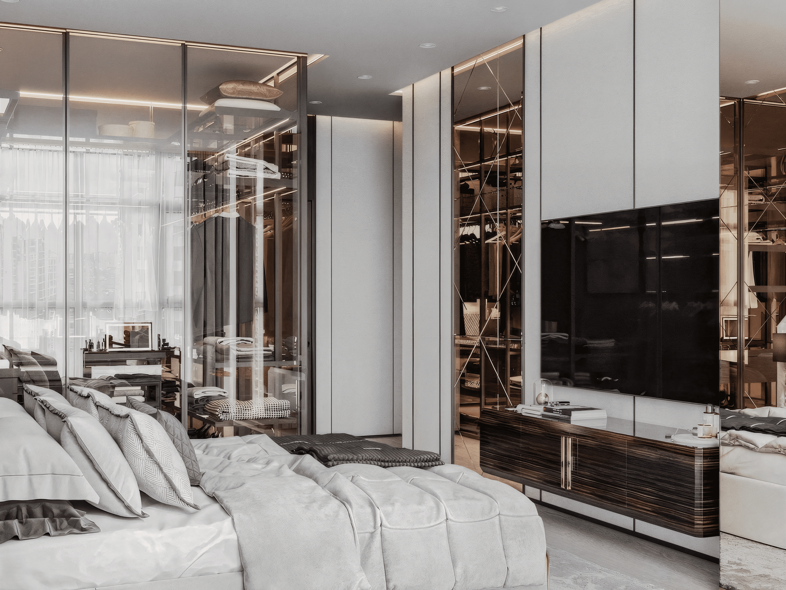 Премиальная спальня от Валерии Котович с прозрачной гардеробной за стеклом, подвесной тумбой из темного дерева под телевизором и зеркальной отделкой стен.