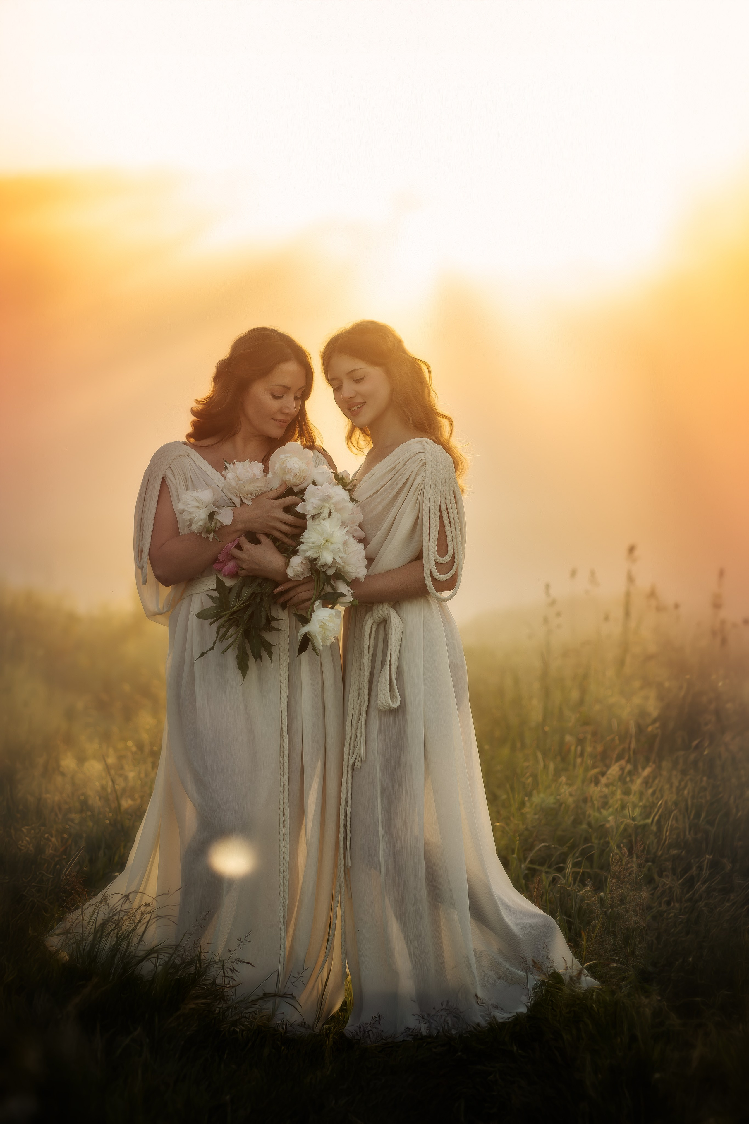 Две девушки в белых платьях с букетом пионов на фоне золотого рассвета, стоят в утреннем тумане среди травы.