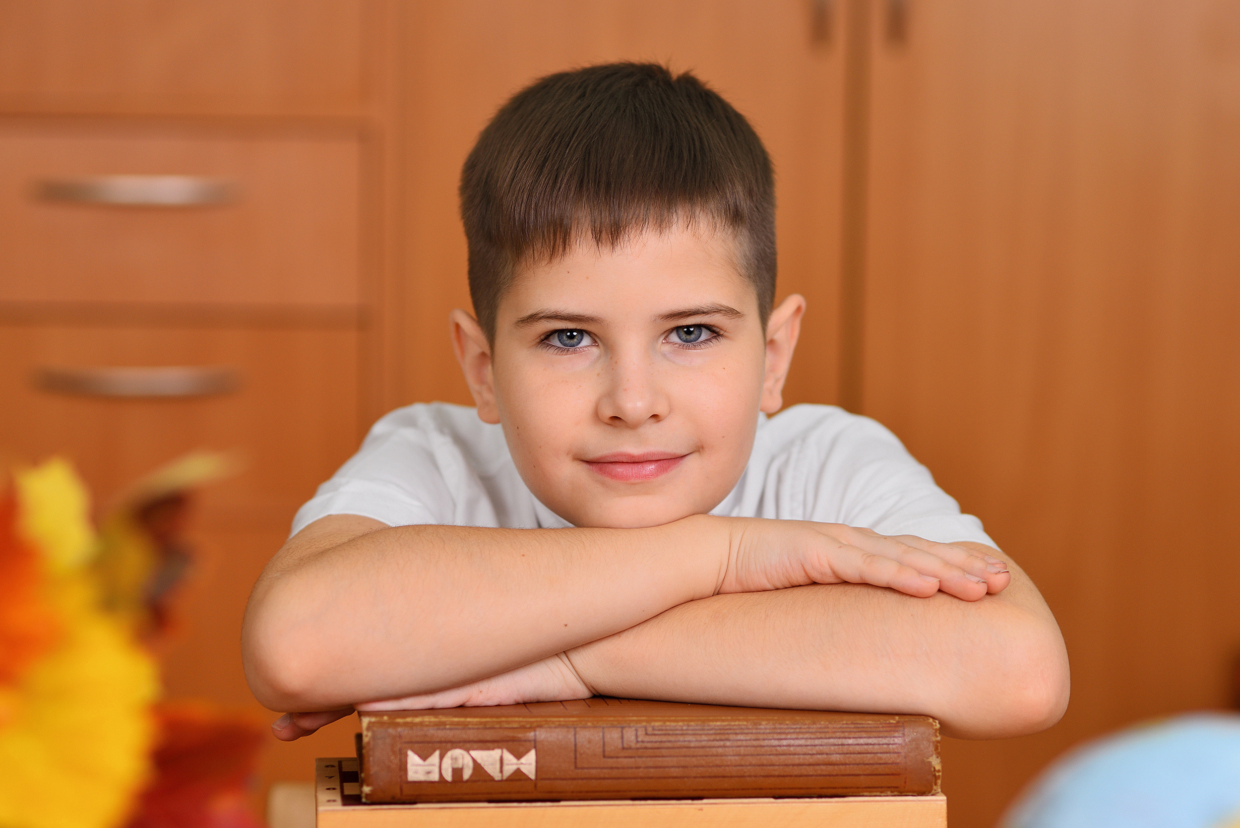 Крупный портрет школьника, положившего руки и подбородок на книги.