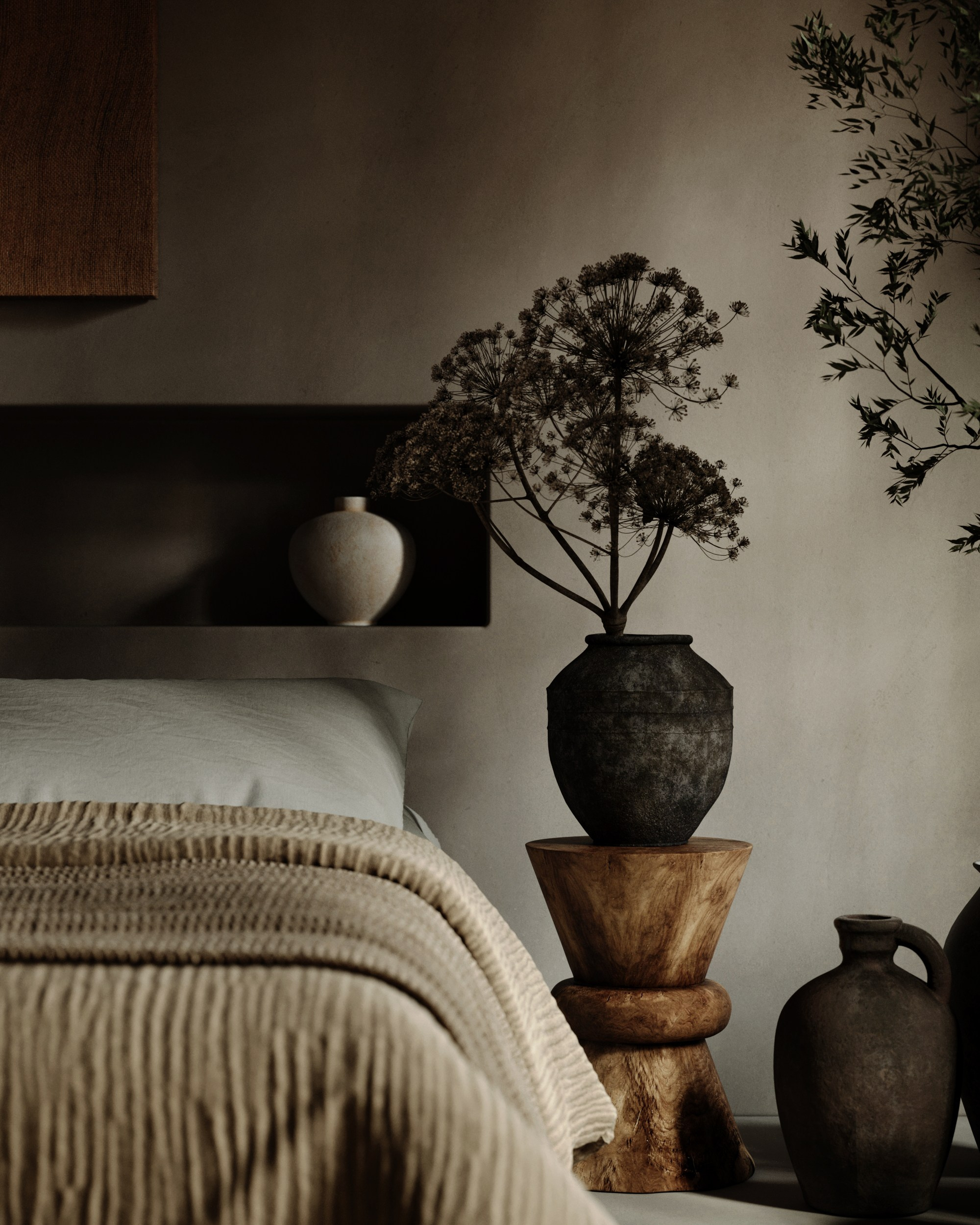 Спальня в стиле Wabi-Sabi. Создание 3д визуализаций. Анимированное видео. Сборка сцен