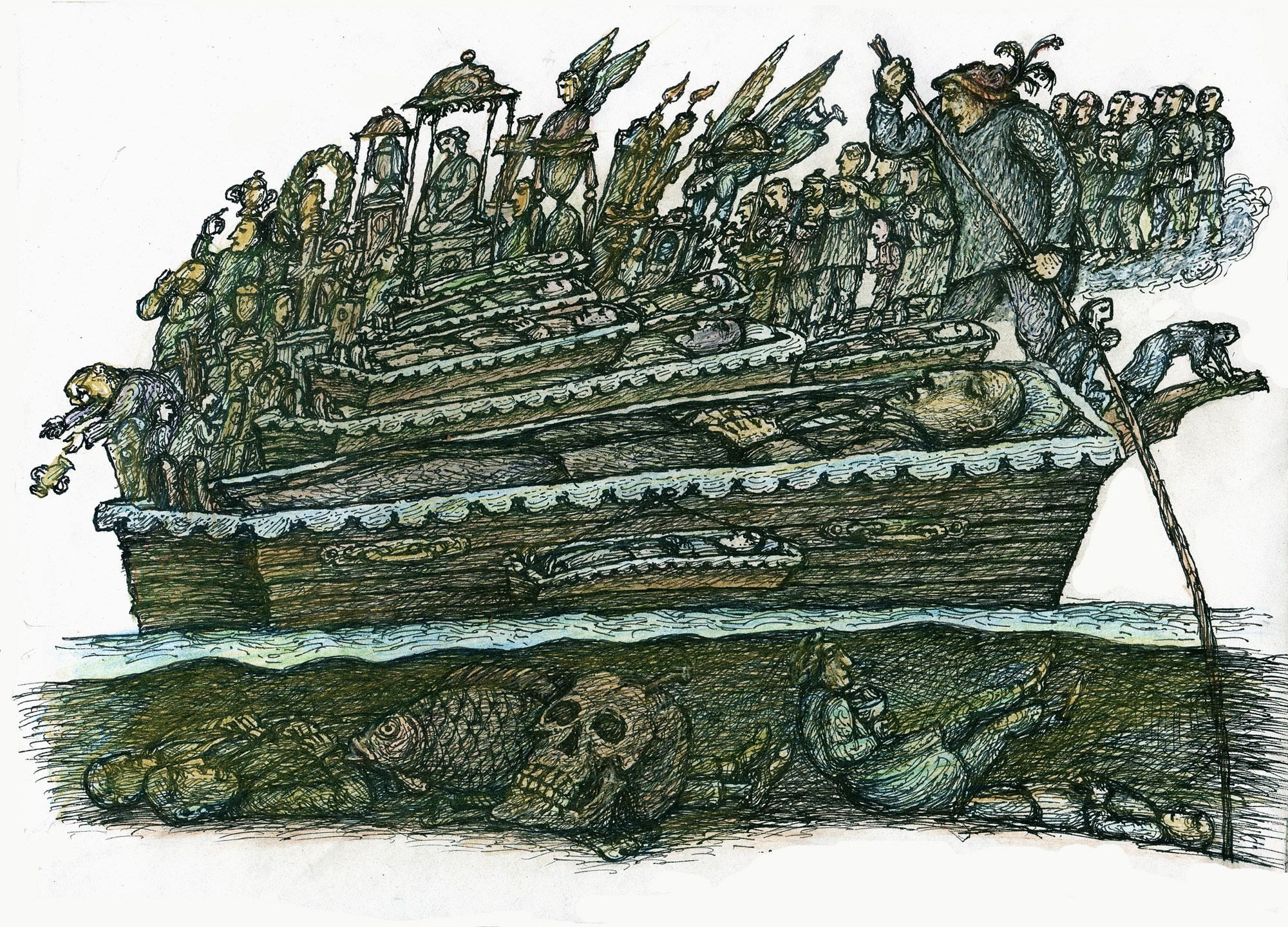 Корабль мёртвых, гелевая ручка, цветной карандаш