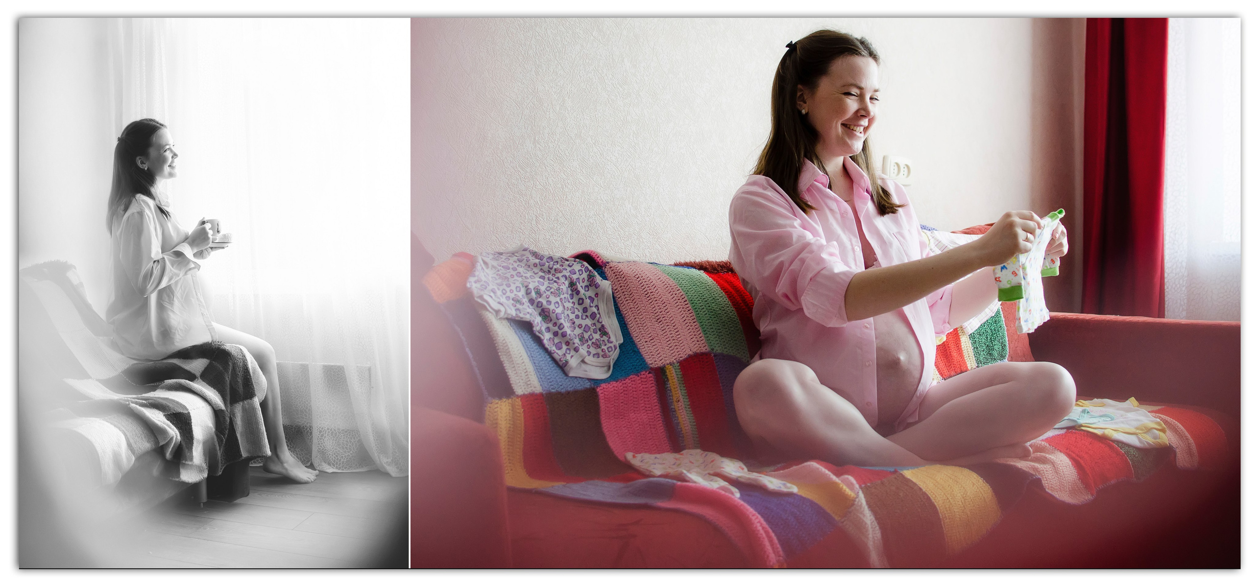 Беременная женщина на диване с детской одеждой, мягкий уютный свет.