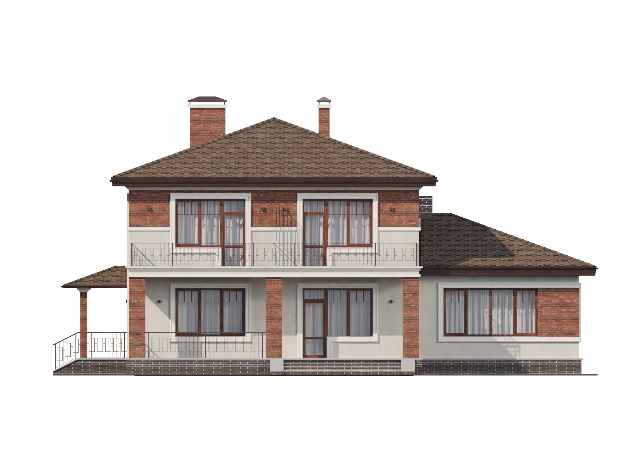 Тыльный фасад загородного дома с широкими окнами и балконом второго этажа