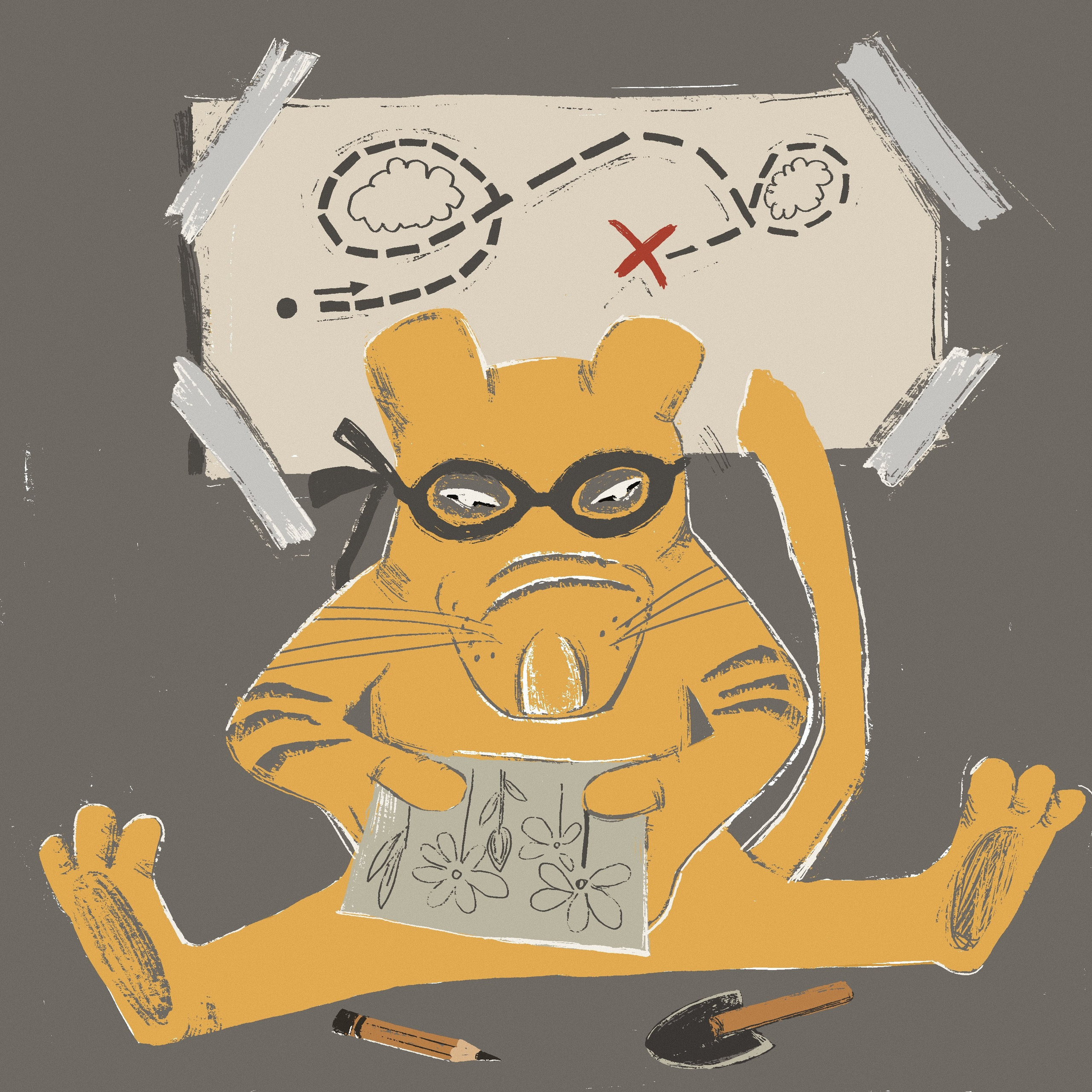 Детская иллюстрация, где Криминальный Кис придумывает план