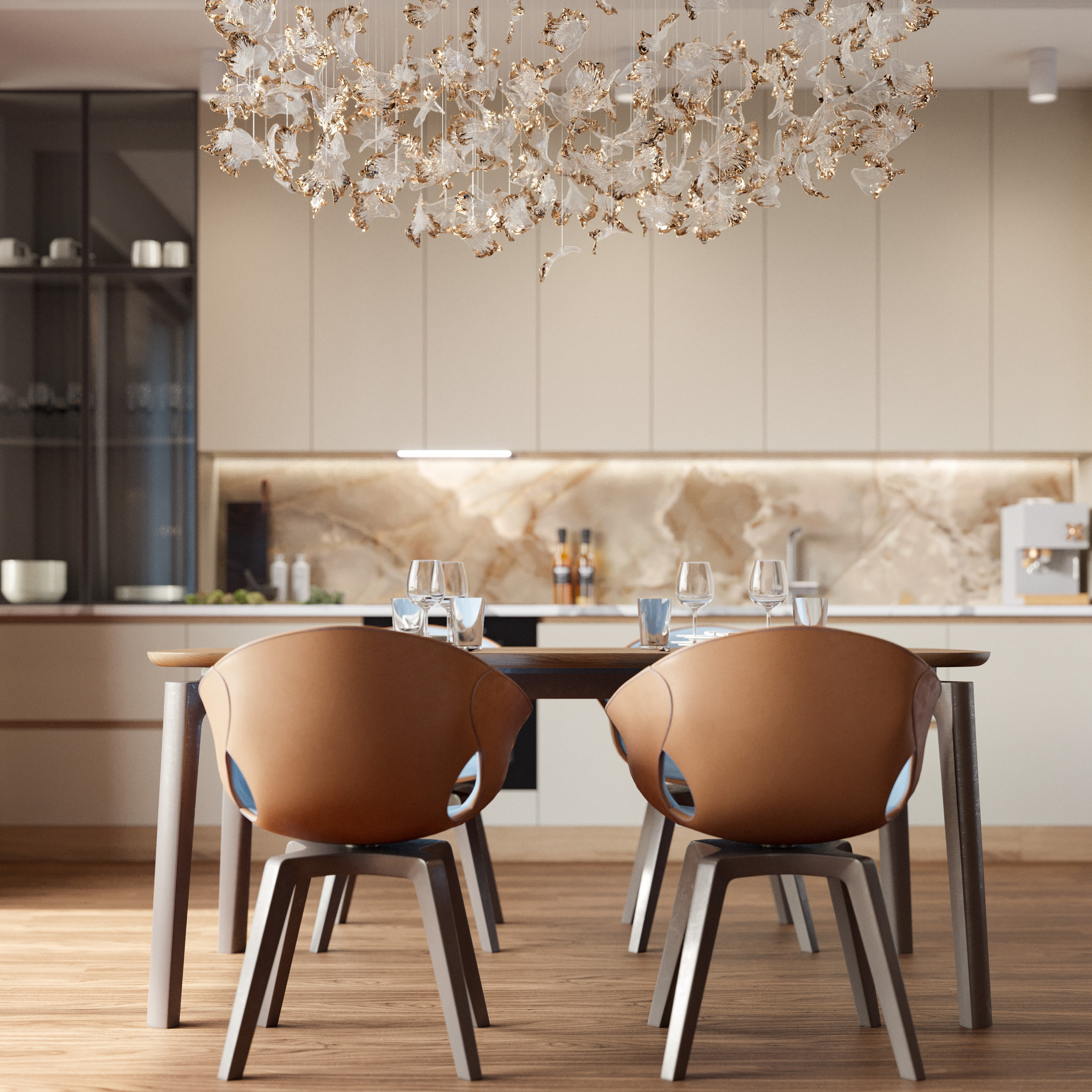 Кухня-гостиная в Белграде с фантазийной люстрой и дизайнерской мебелью