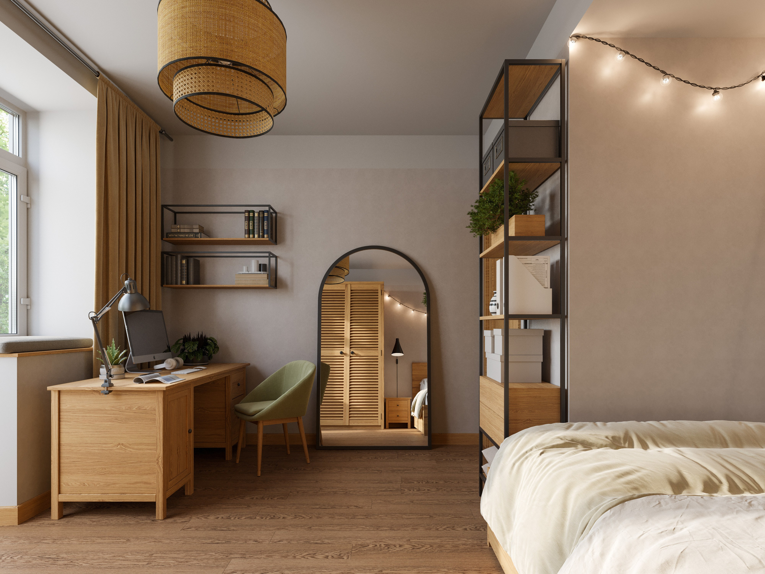 Уютный кабинет со спальным местом для гостей, отделанный деревом.