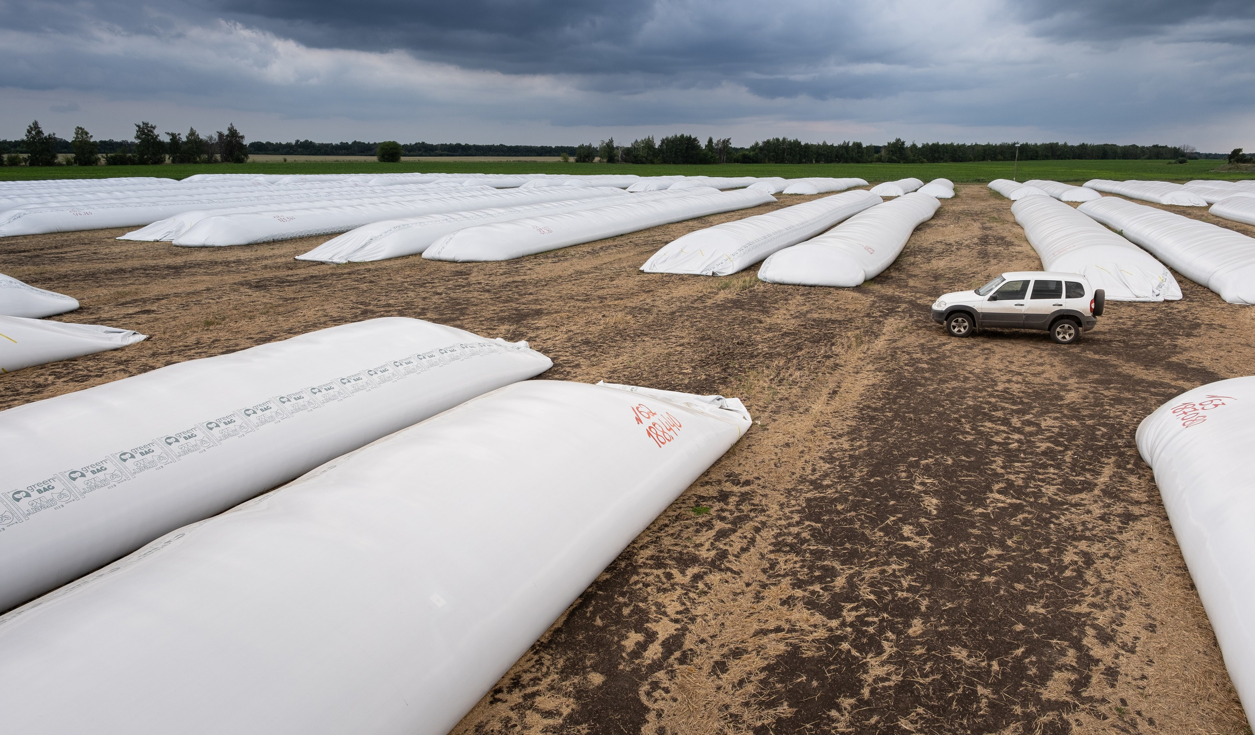 Зерно в полимерных рукавах мешках для хранения