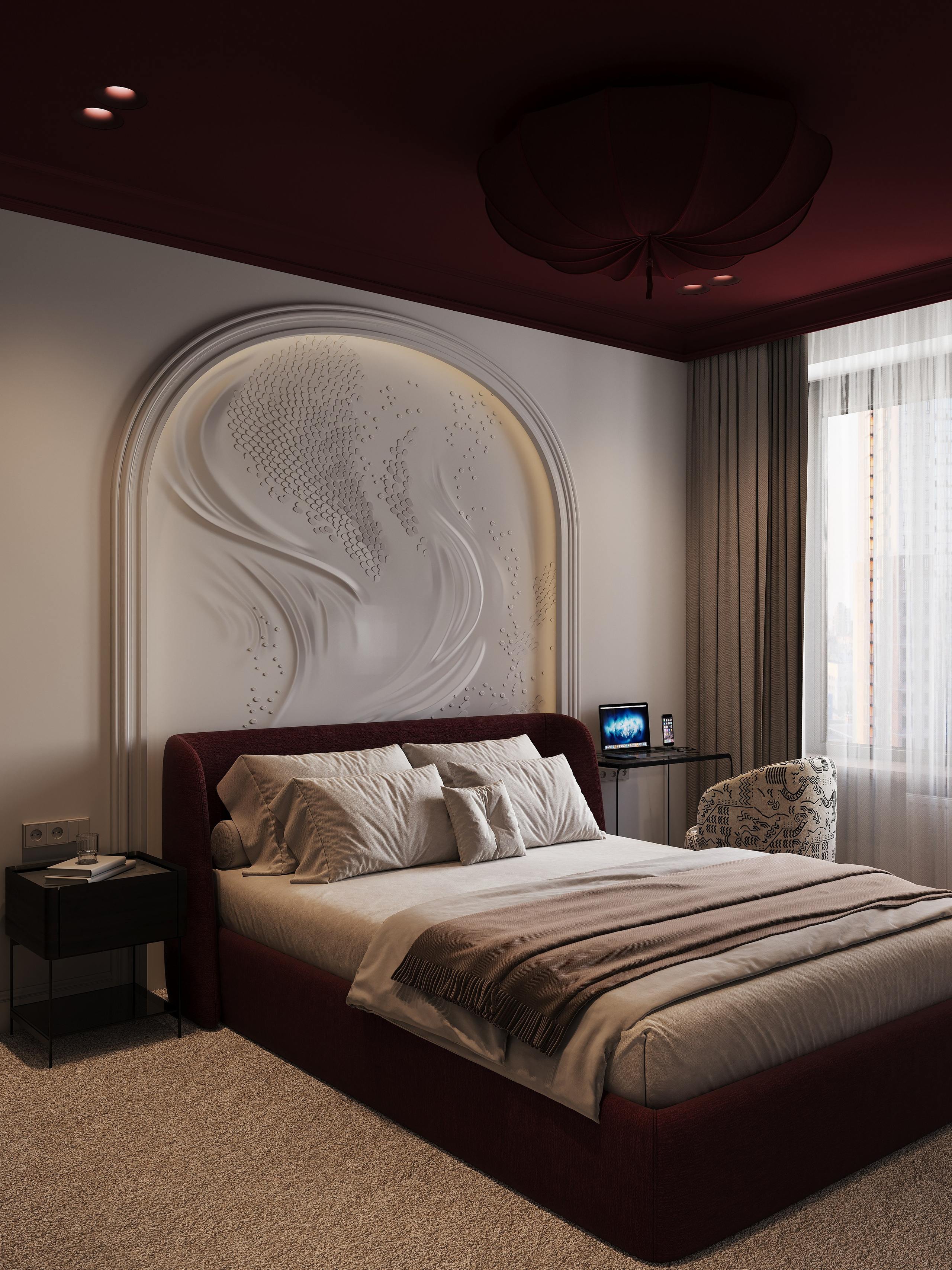 Спальня с бордовым потолком. 3D визуализатор