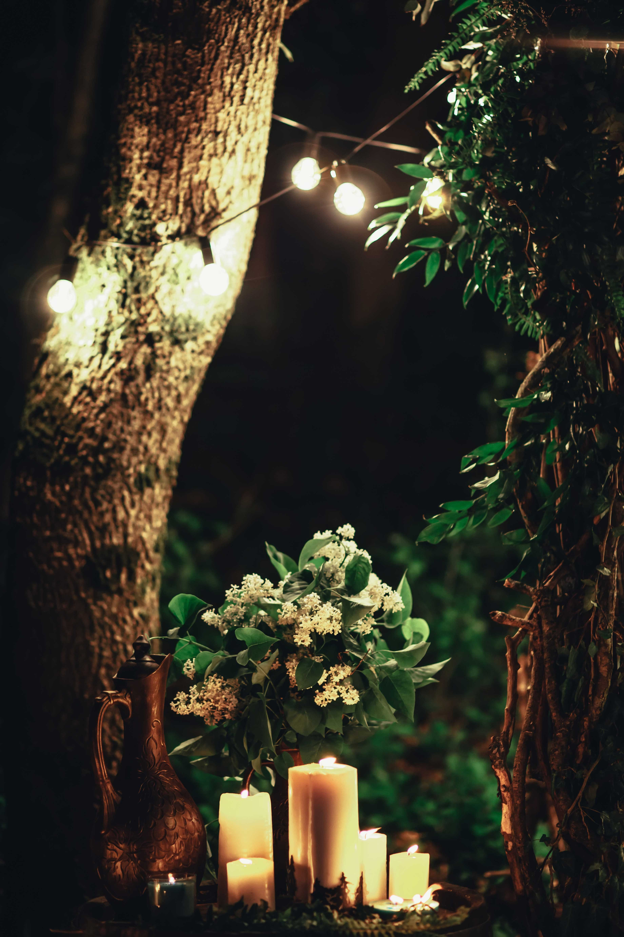 Жених обнимает невест в голубом свадебном платье с каштановыми распущенными волосами ночью в лесу украшенном гирляндами