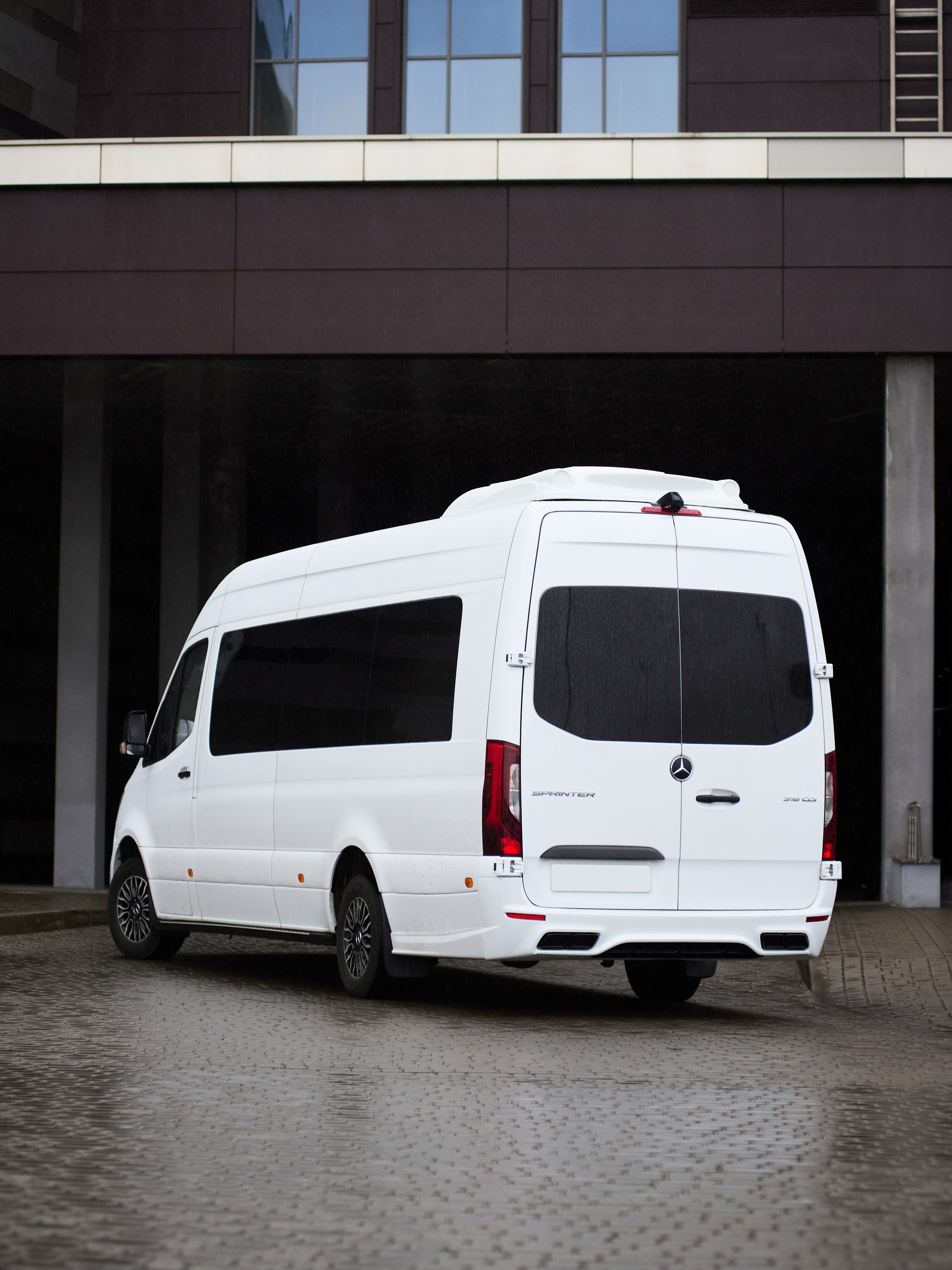 Mercedes-Benz Sprinter тюнинг, задний ракурс под навесом здания