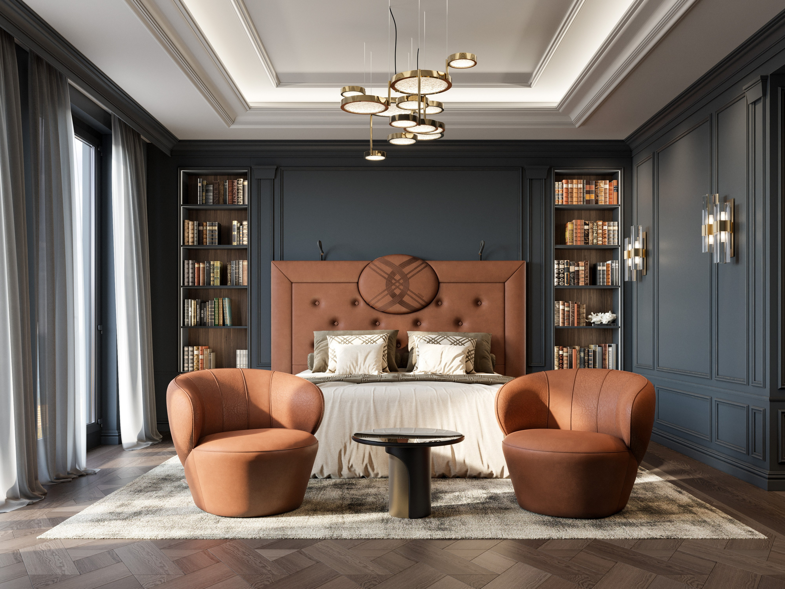 3D визуализация гостевой спальни в нейтральных тонах с функциональной мебелью