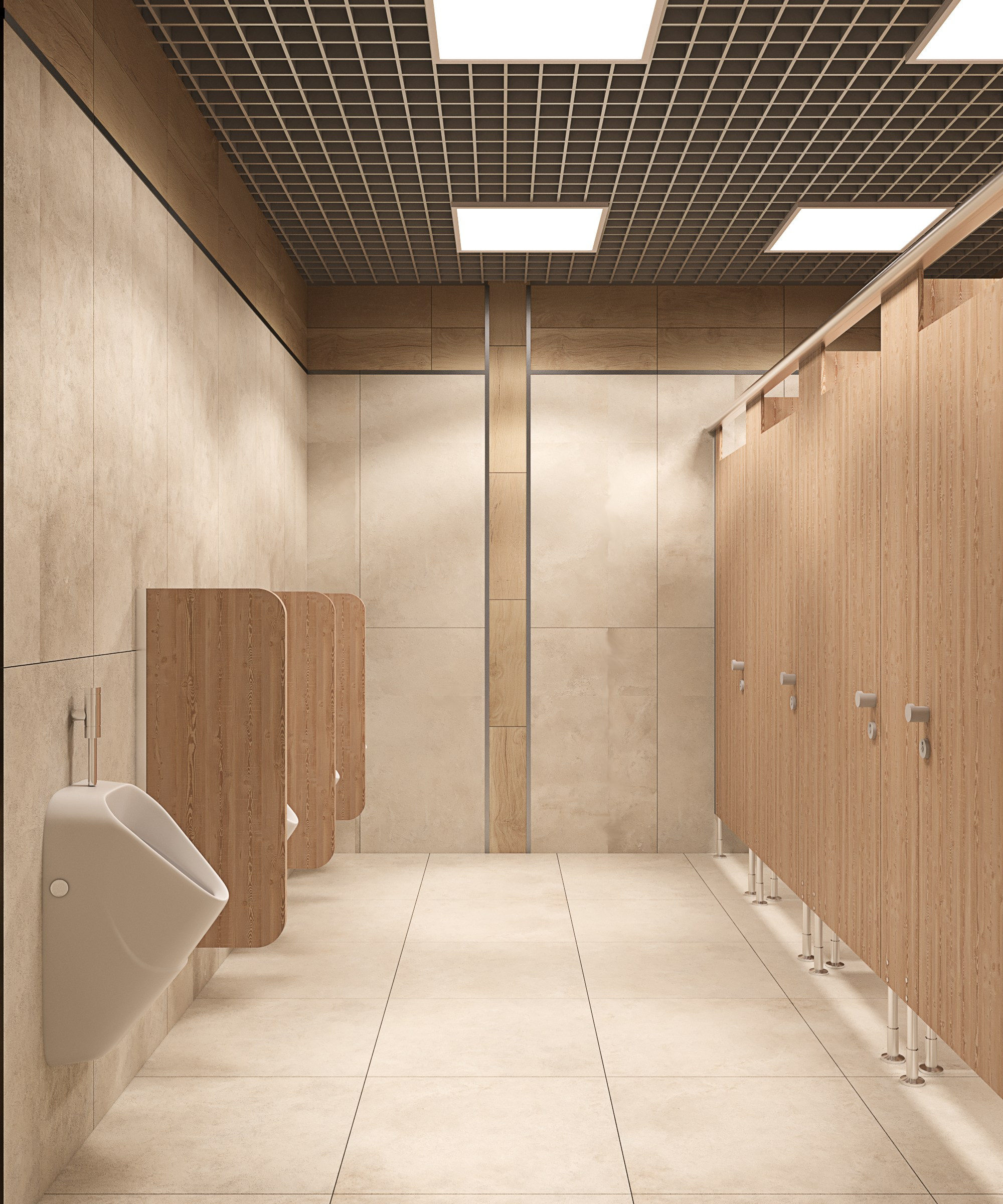 Зона мужского санузла с разделительными деревянными перегородками
