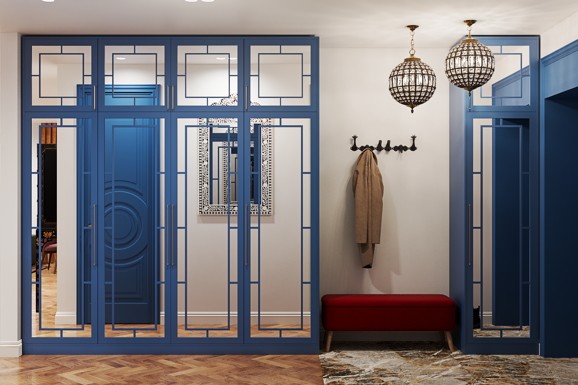 Прихожая с большими зеркальными синими шкафами в геометрических рамах