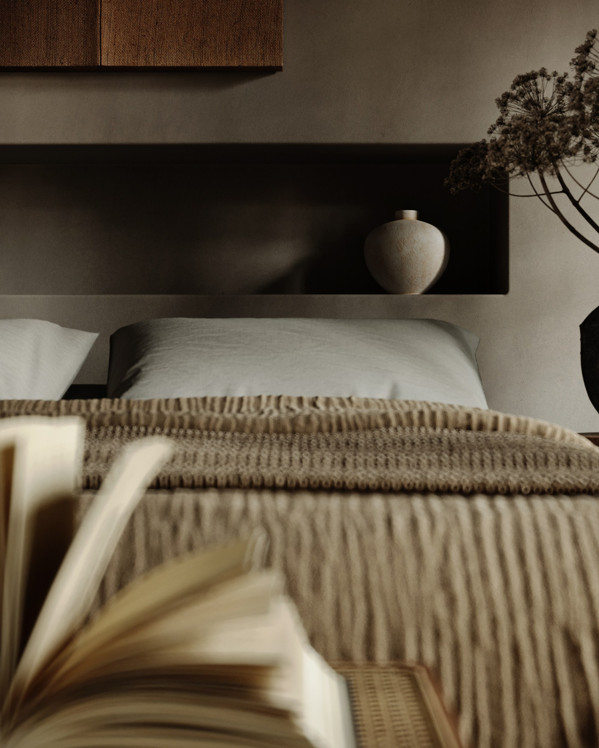 Спальня в стиле Wabi-Sabi. Создание 3д визуализаций. Анимированное видео. Сборка сцен