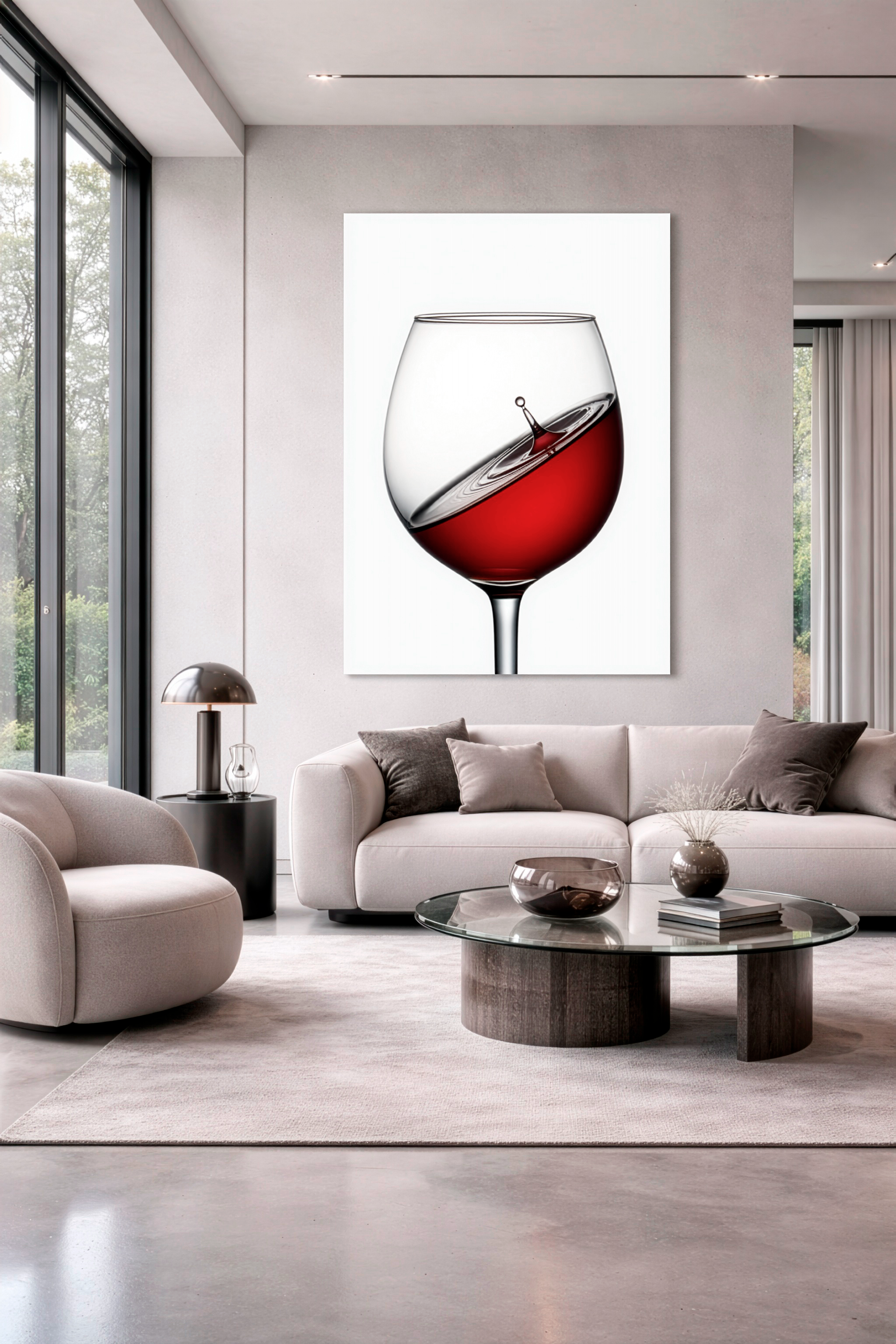 Авторская фотография бокала с красным вином в светлом современном интерьере гостиной.
