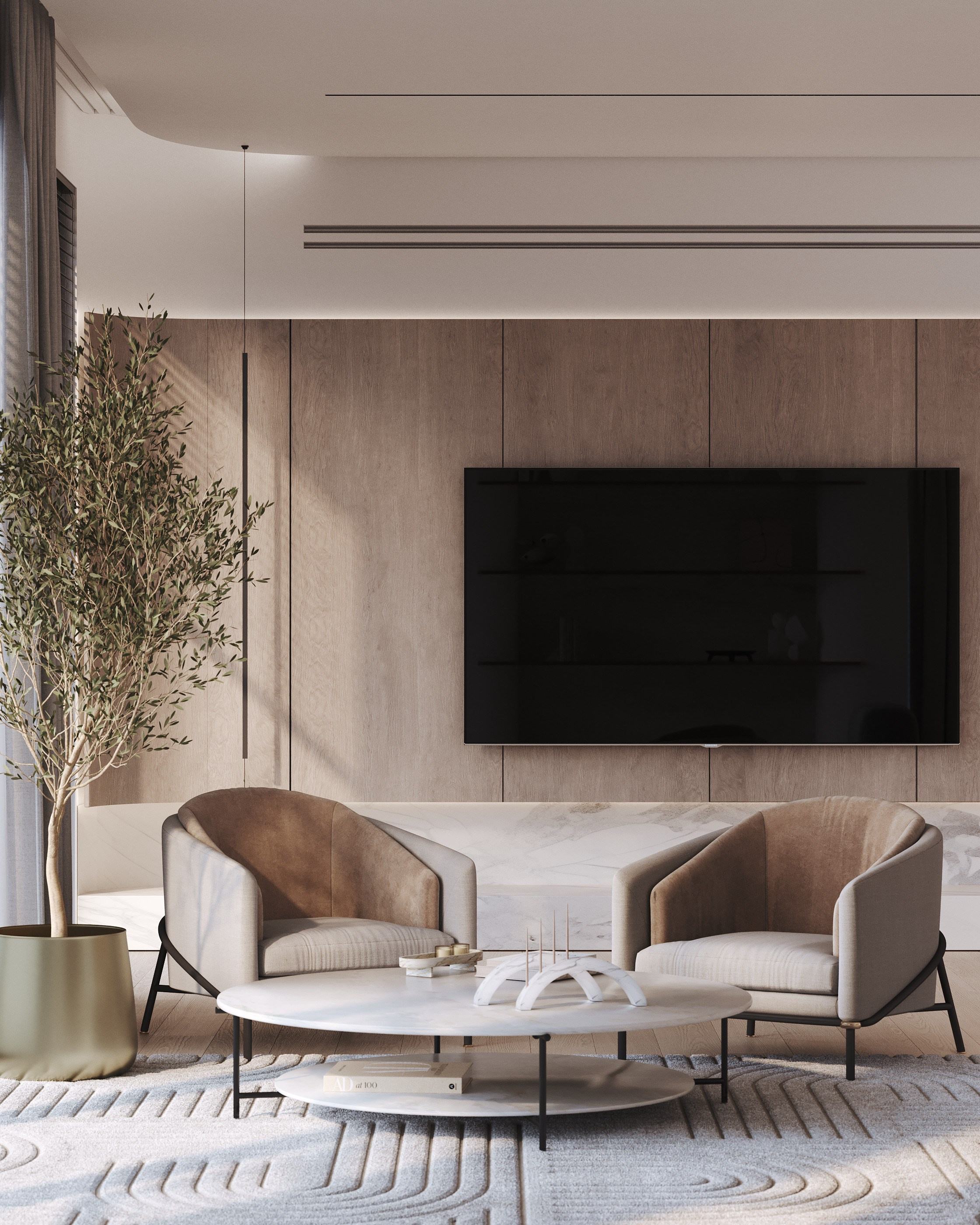 визуализация кухни - гостиной в минималистичном современном  стиле