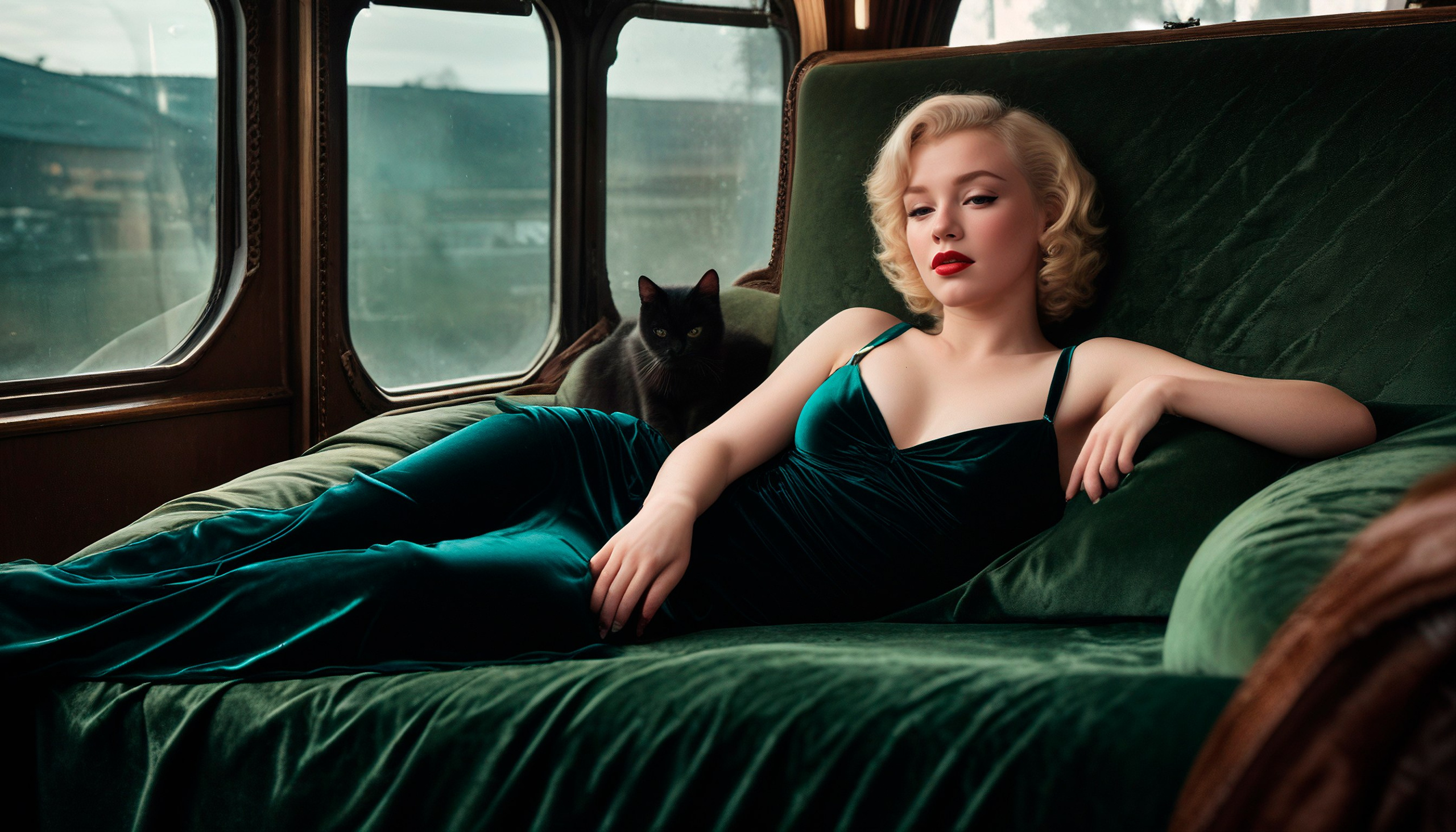 Мэрилин Монро полулежит на диване в поезде.
