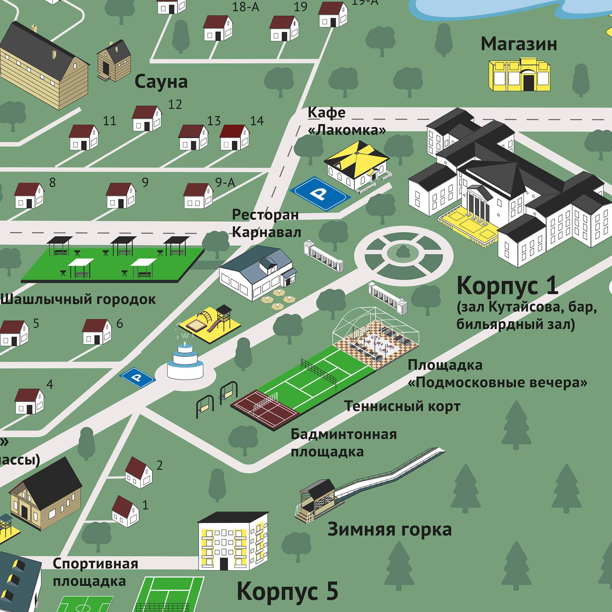 карта территории, карта комплекса, навигация парк, карта базы отдыха, схема территории, дизайн карты, карта инфраструктуры, карта отеля, карта коттеджного поселка, навигация территории, wayfinding design, карта с подписями