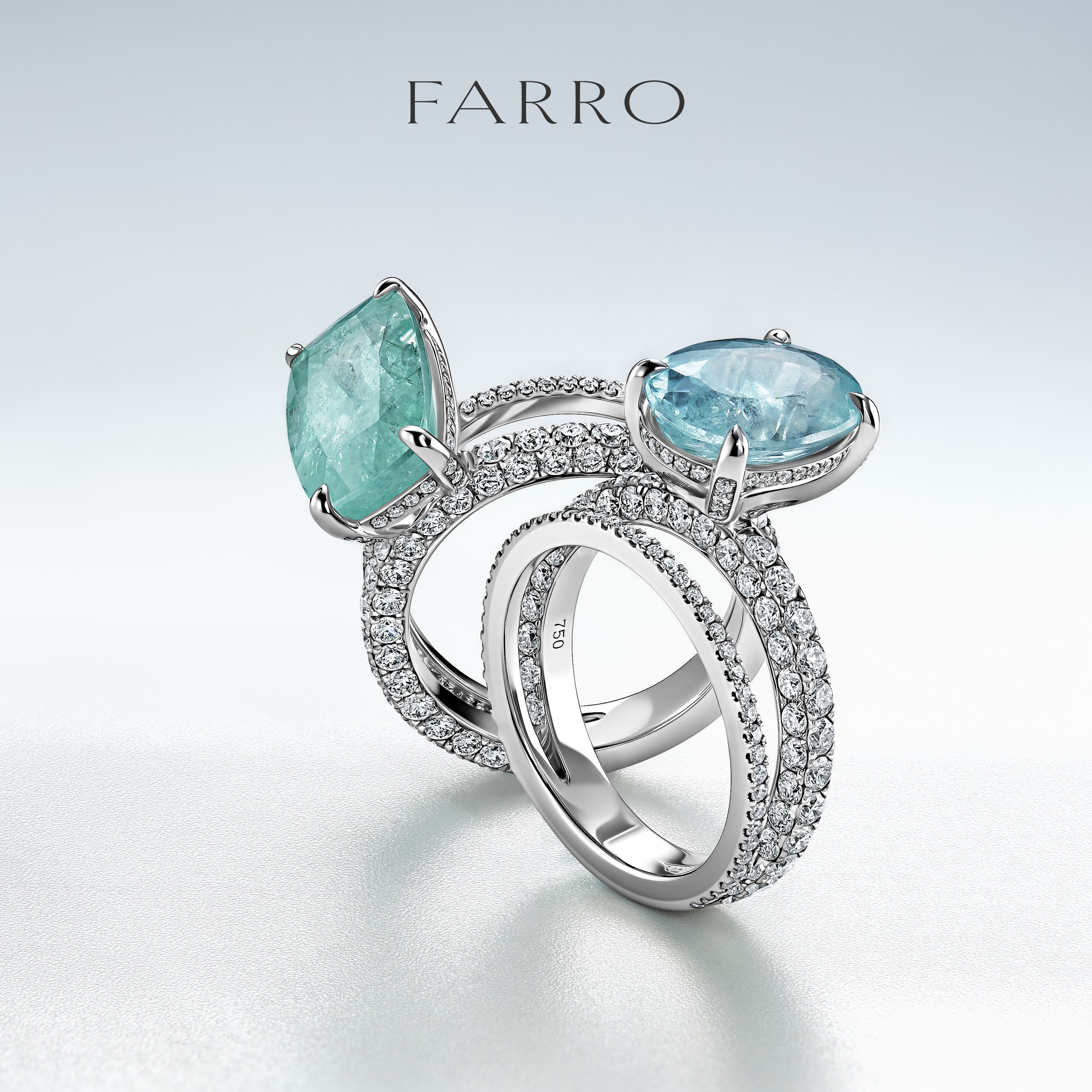 Два ювелирных кольца из белого золота с бриллиантами и крупными камнями — пример предметной фотосъёмки украшений для каталога и рекламы