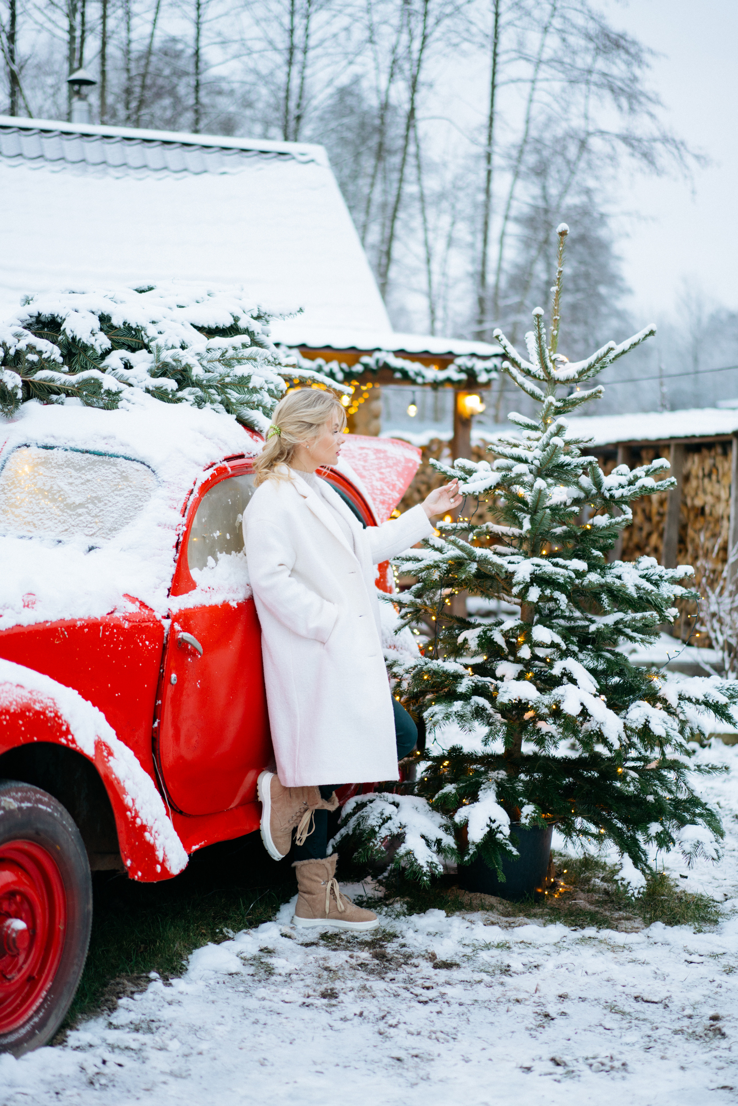 Красивая новогодняя фотосессия с машиной елкой и собакой. Свадебный и семейный фотограф в Калининграде Анастасия Гриценко