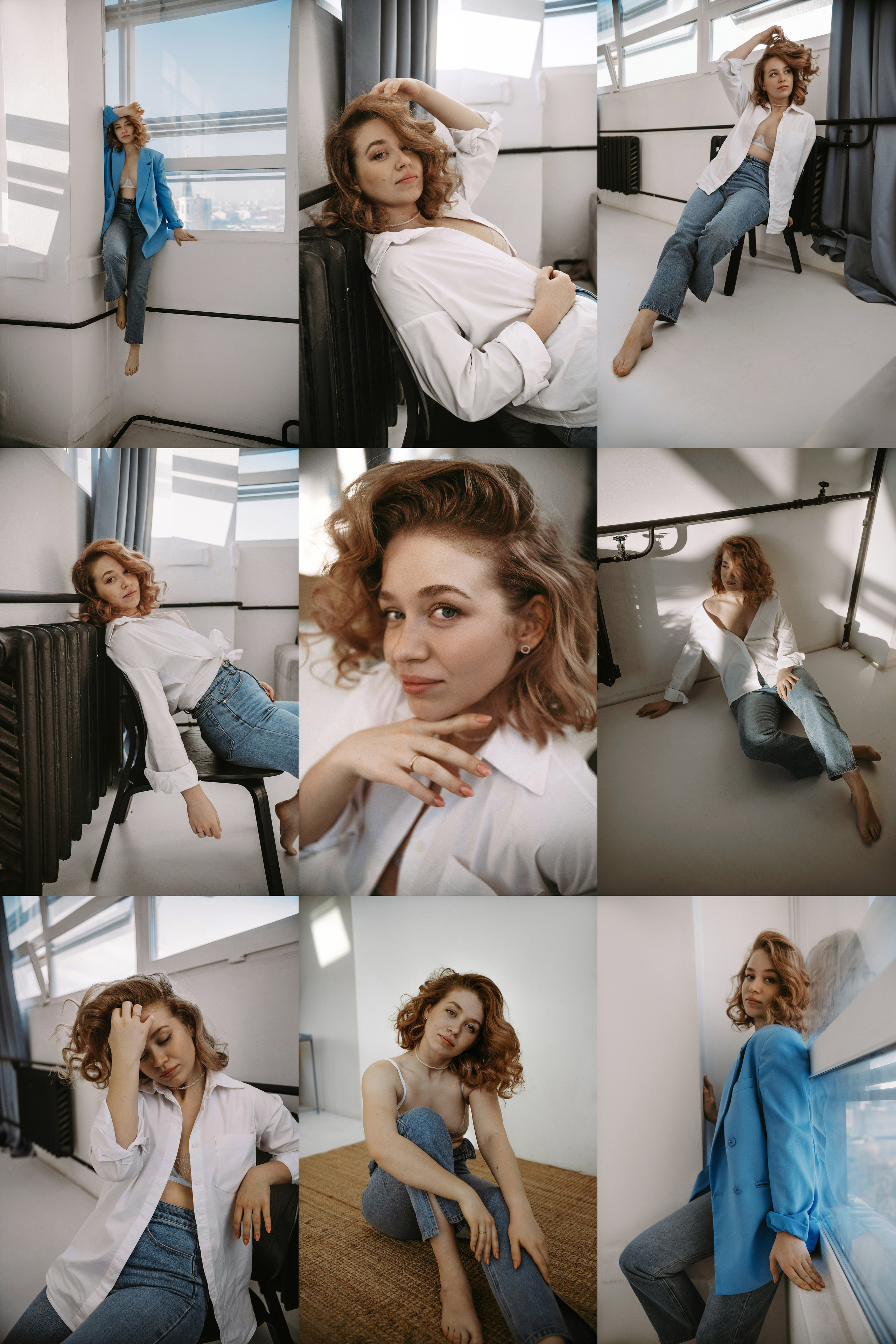 Портретная фотосессия девушка в белой рубашке и джинсах в студии