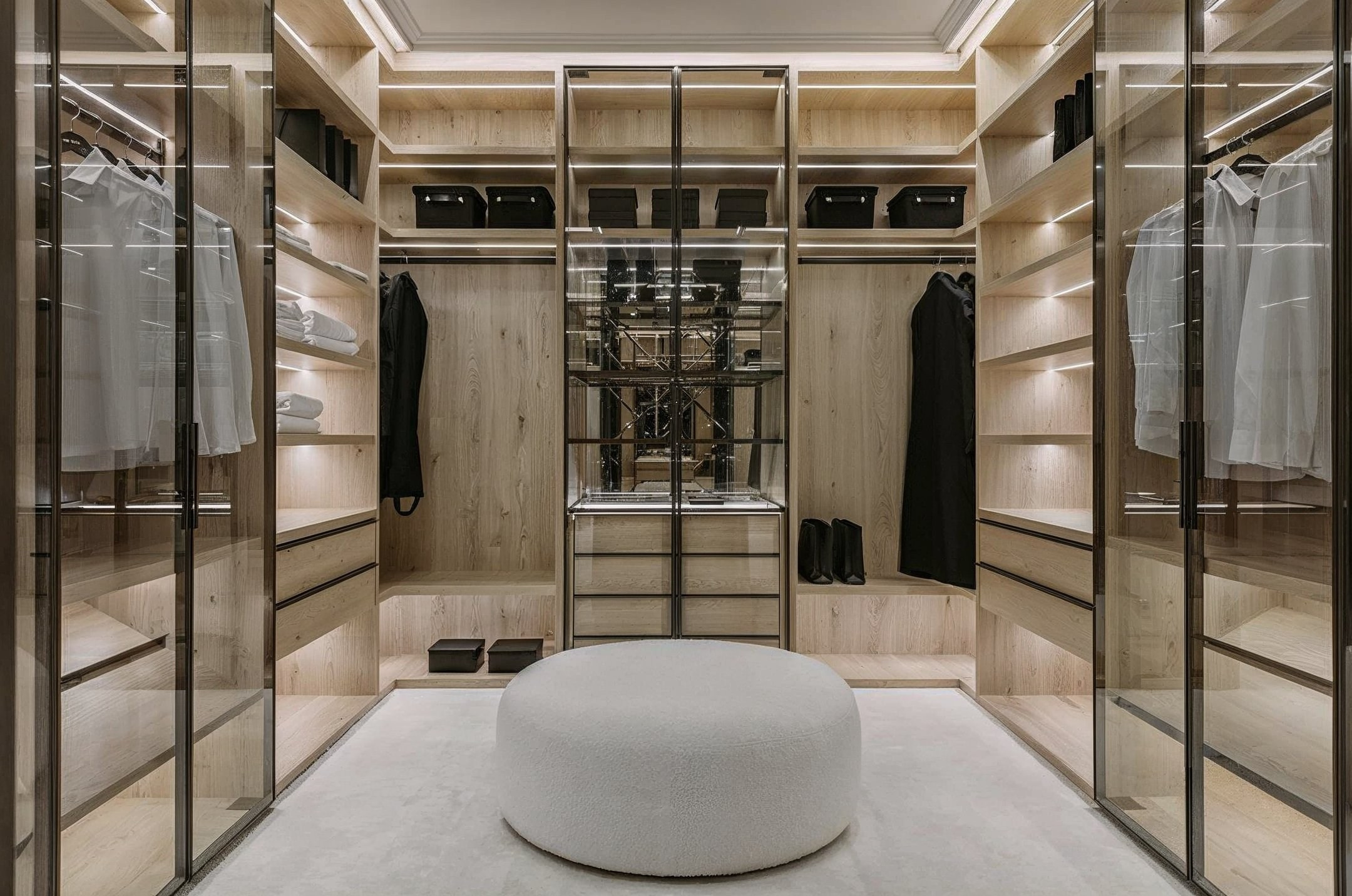 Гардеробная в светлом дереве с подсветкой и зеркальными элементами — дизайн Валерии Котович