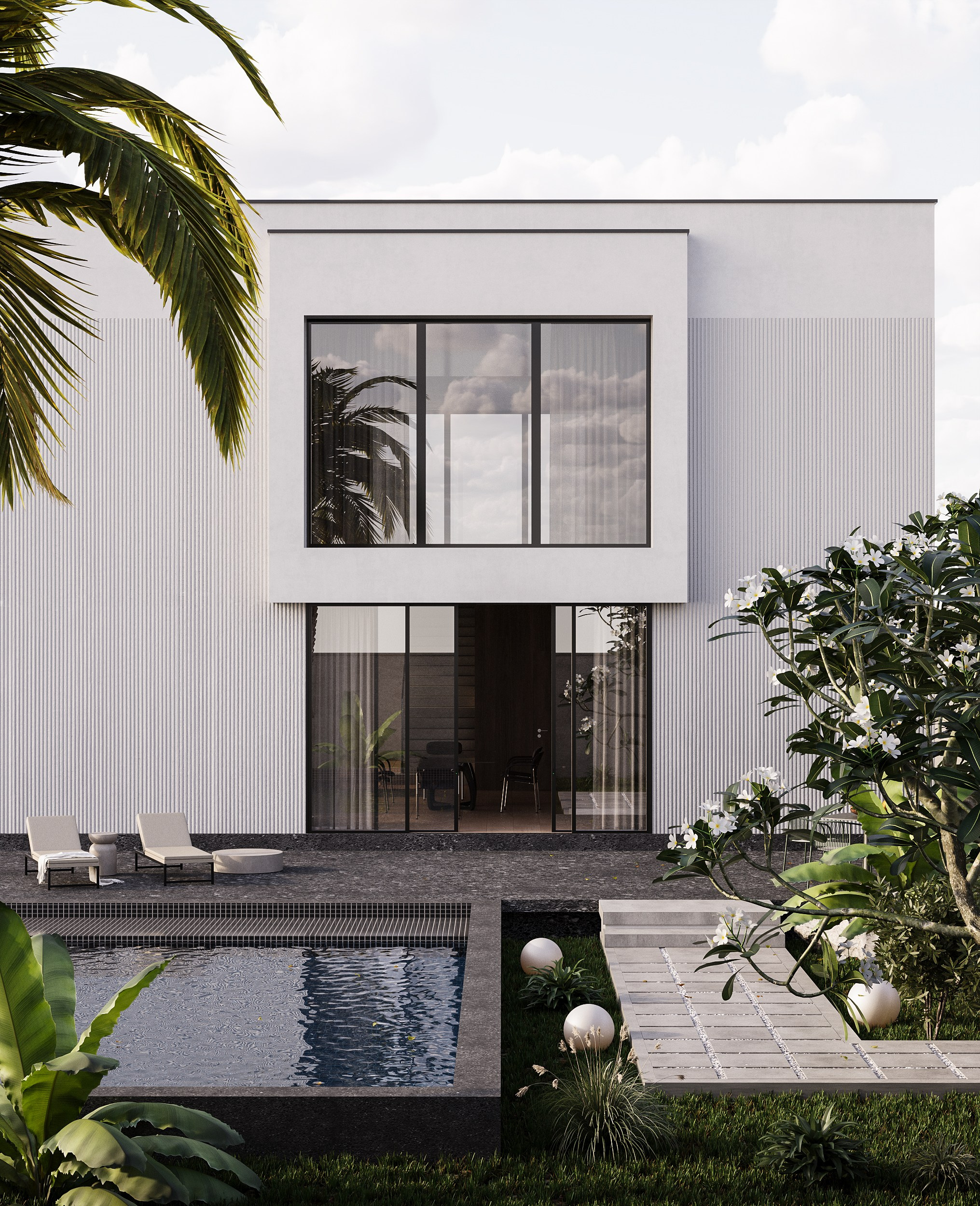 3д визуализация экстерьера виллы с бассейном в современном стиле 