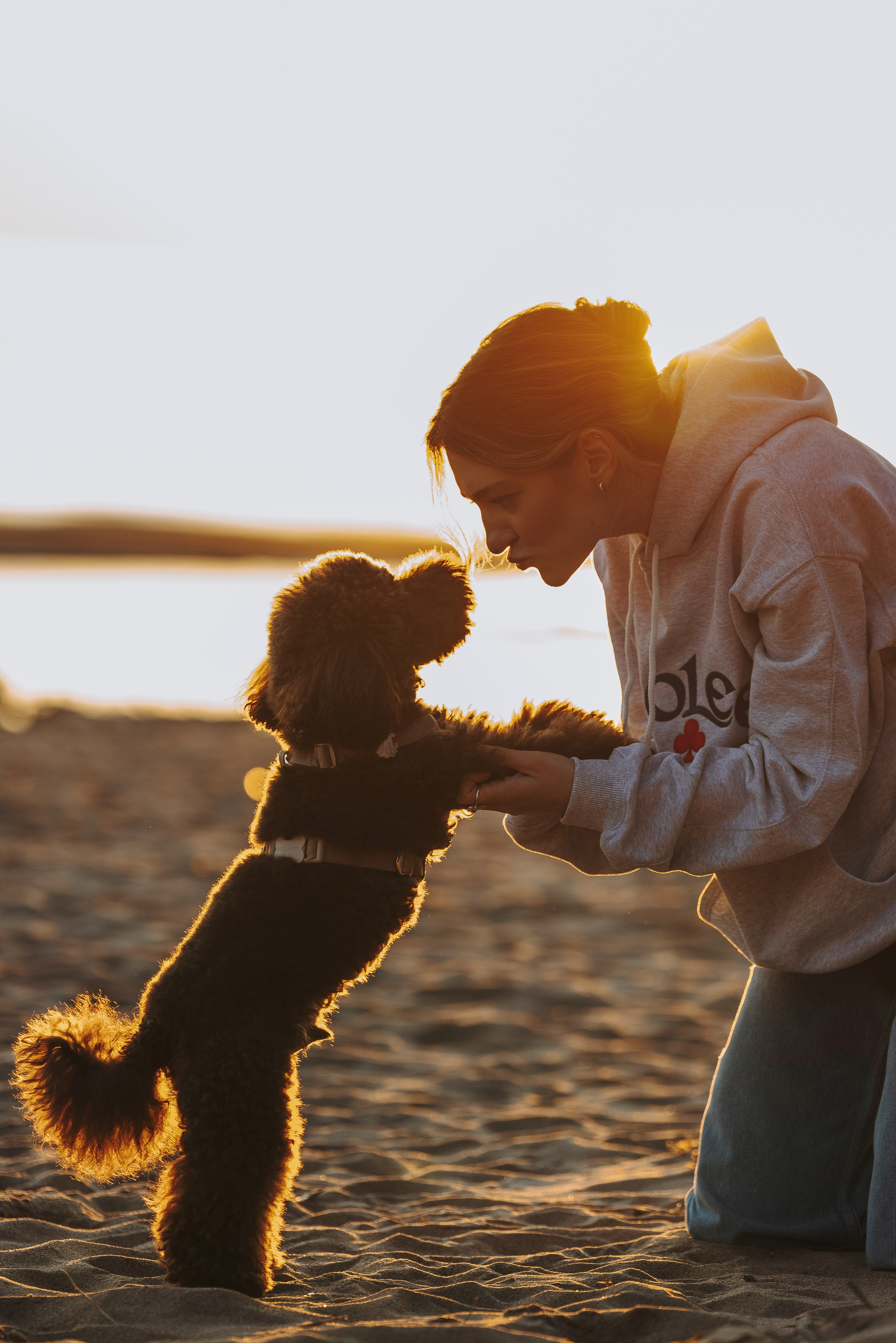 Фотосессия девушки с пуделем на пляже на закате. Фотограф анималист в Спб недорого Олеся Майорова