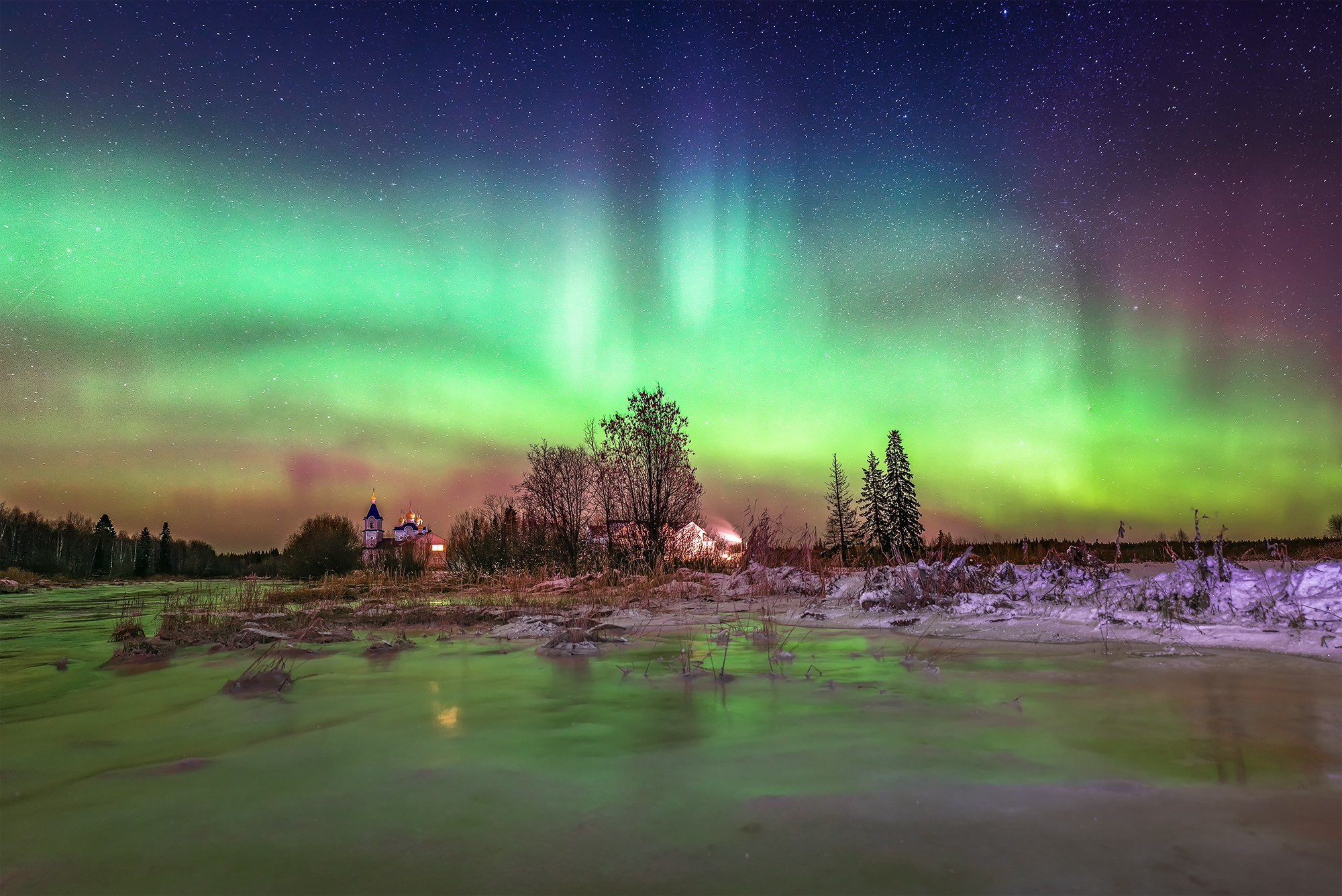 Северное сияние. Аэросъемка в Архангельске, Александр Ермолин